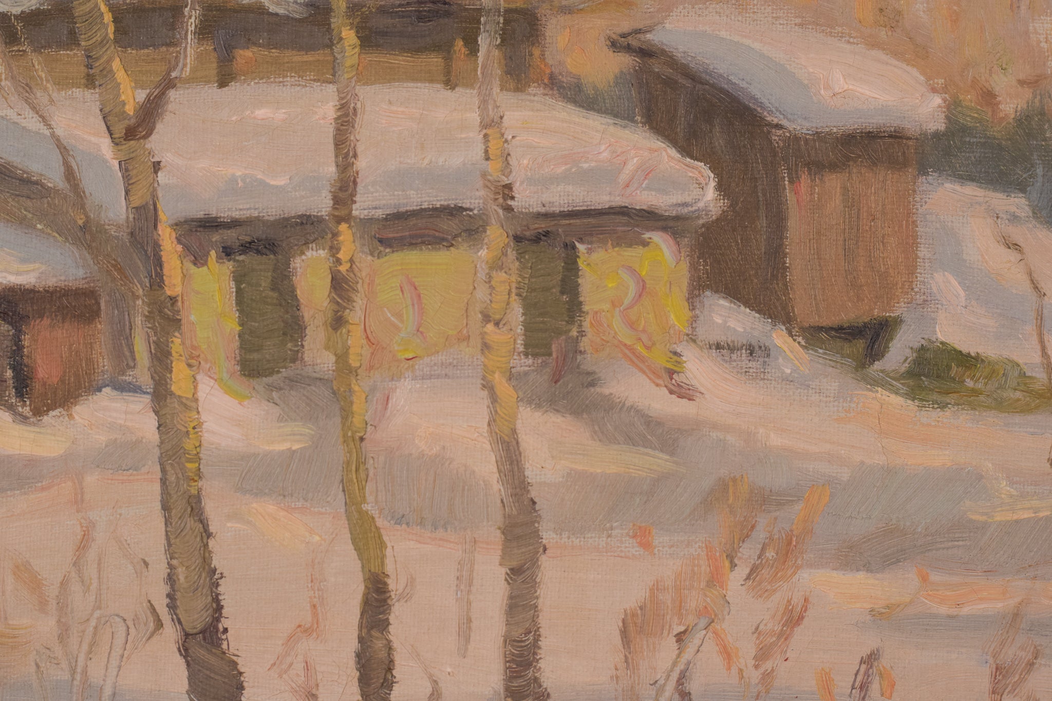 A painting of a snowy landscape with houses in the background.