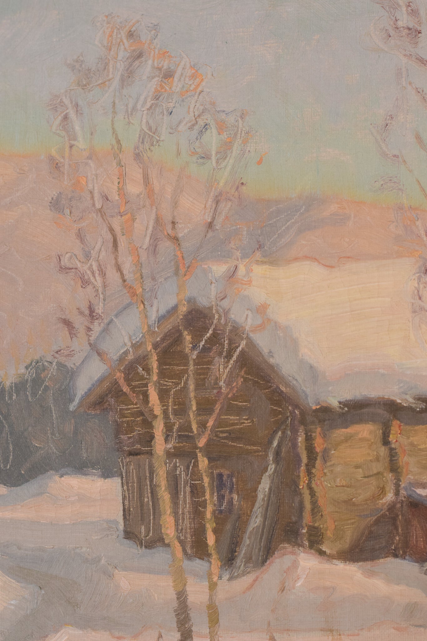 A painting of a snowy landscape with houses in the background.