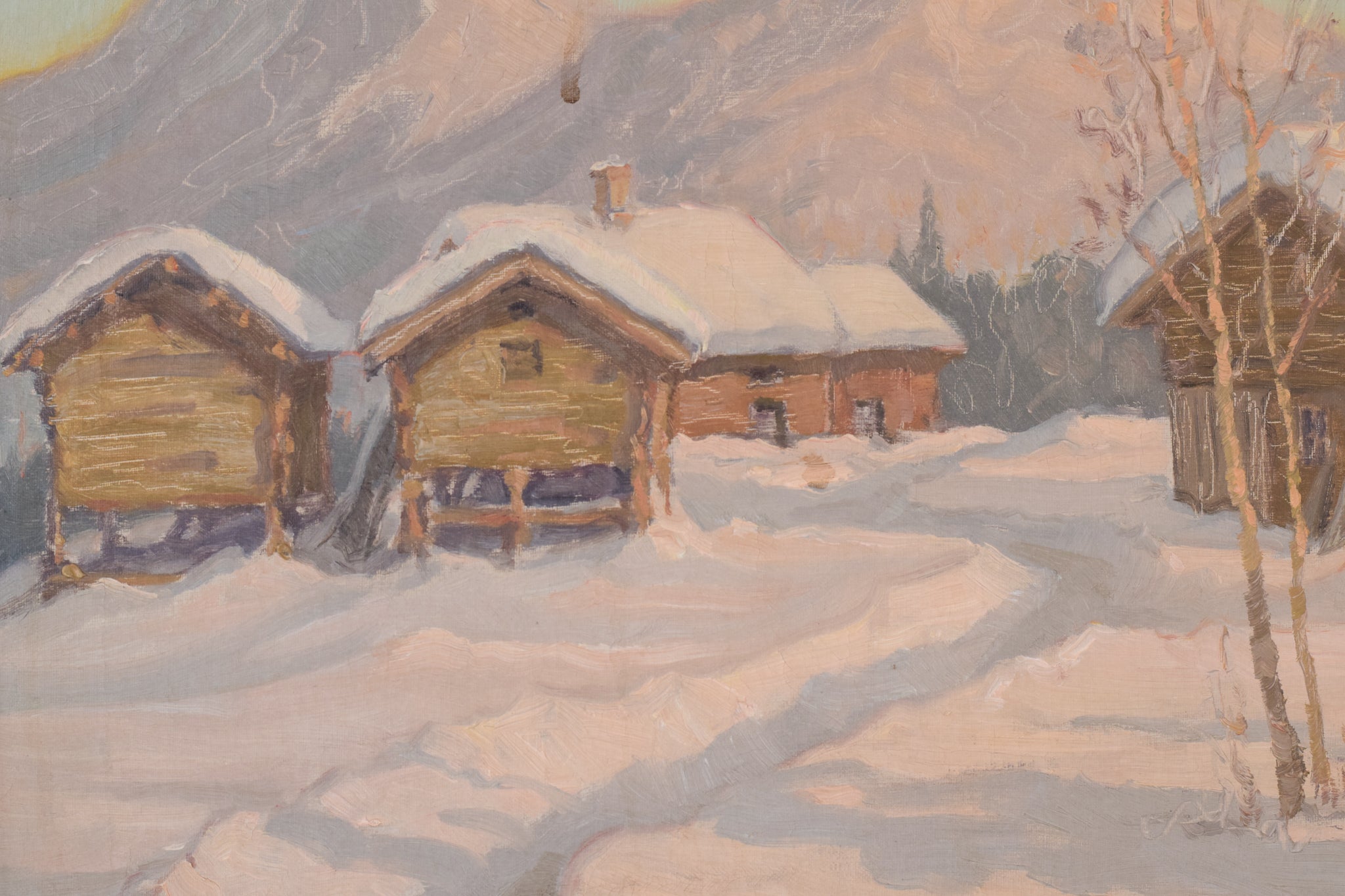 A painting of a snowy landscape with houses in the background.