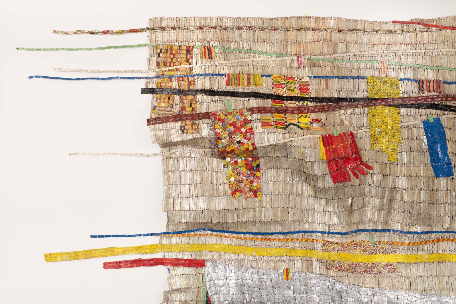 Artwork by El Anatsui, Drying Line, Made of Aluminium, copper wire and nylon string 