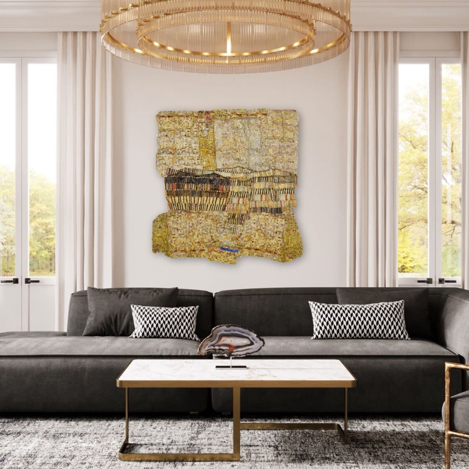 Artwork by El Anatsui, Gold Band, Made of Hand-sculpted and formed UV cured acrylic resin inkjet on aluminum with irregular hand-cut edges and copper wire 