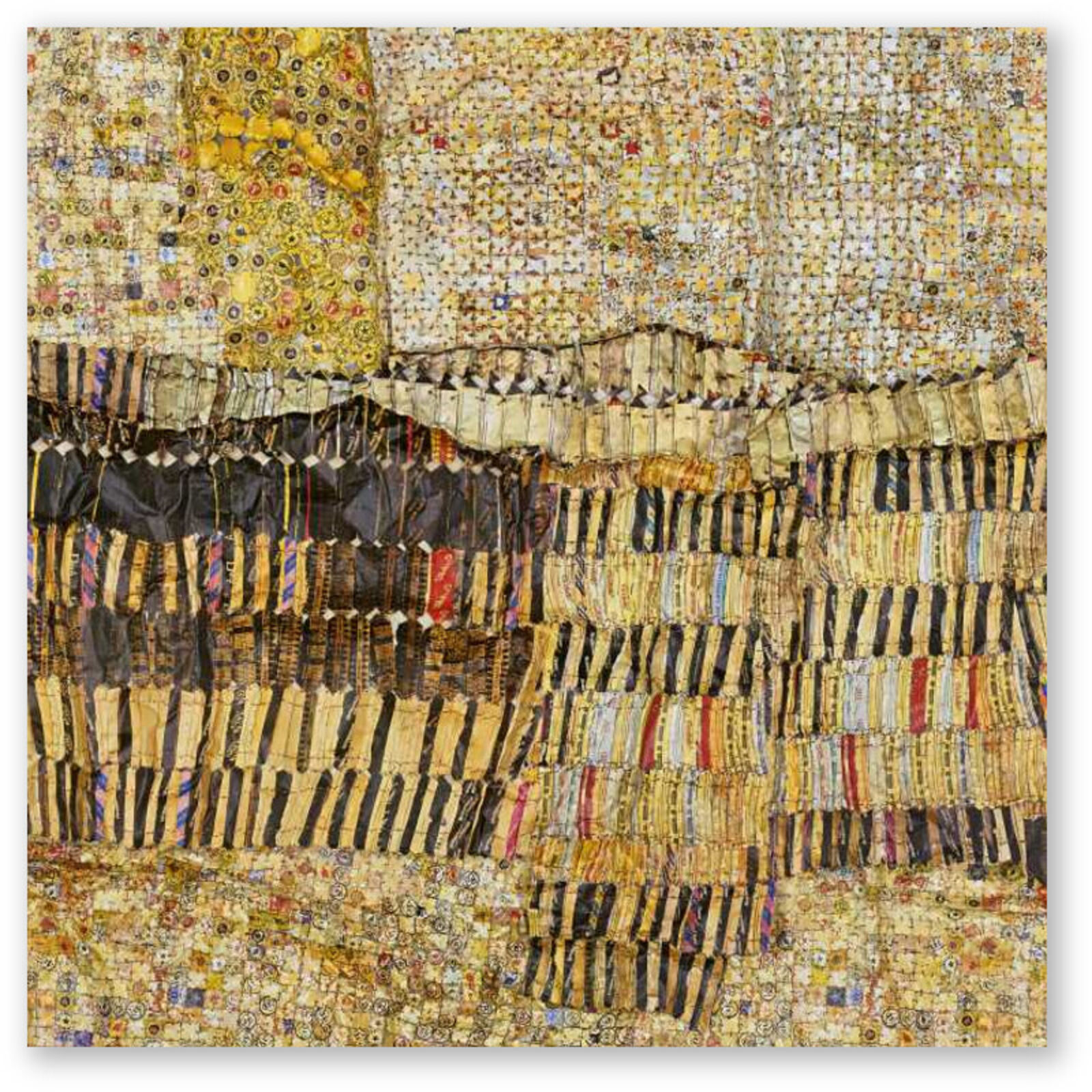 Artwork by El Anatsui, Gold Band, Made of Hand-sculpted and formed UV cured acrylic resin inkjet on aluminum with irregular hand-cut edges and copper wire 