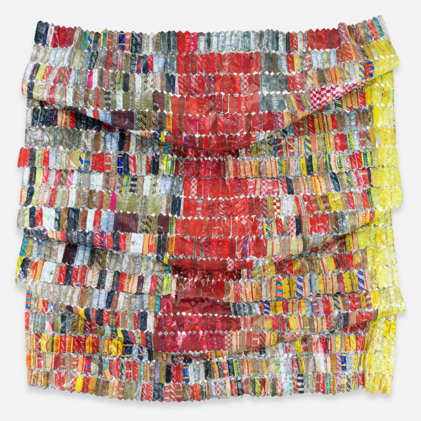 Artwork by El Anatsui, Metal Cloth, Made of Hand-sculpted and formed UV cured acrylic resin inkjet on aluminiumwith irregular hand-cut edges and copper wire 