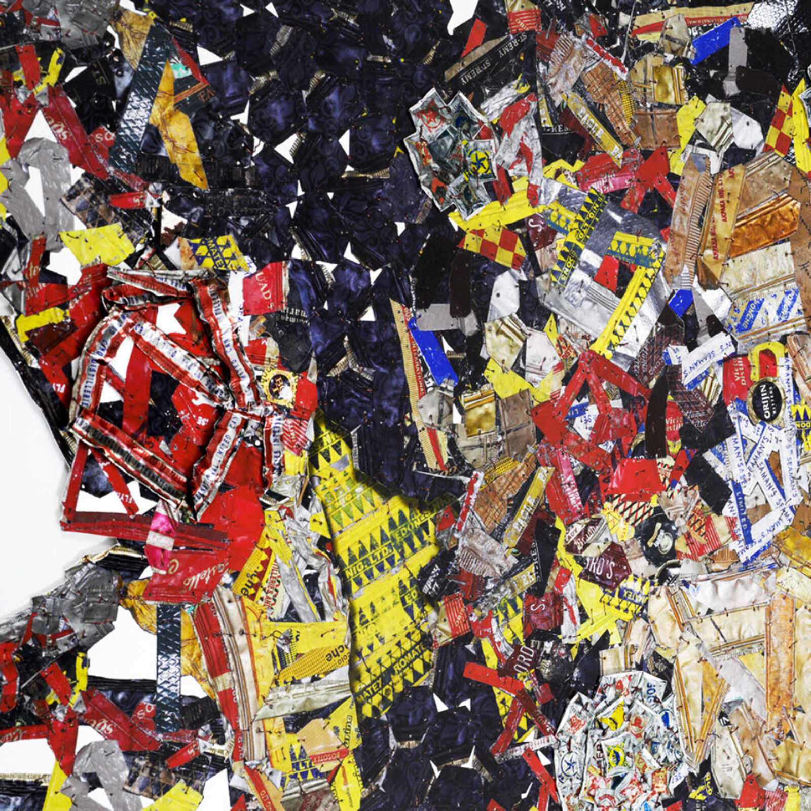 Artwork by El Anatsui, Paper and Silver, Made of Inkjet pigment print with irregular hand-cut edges conforming to the image, printed and hand-cut and hand-sculpted aluminium collage, and copper wire 