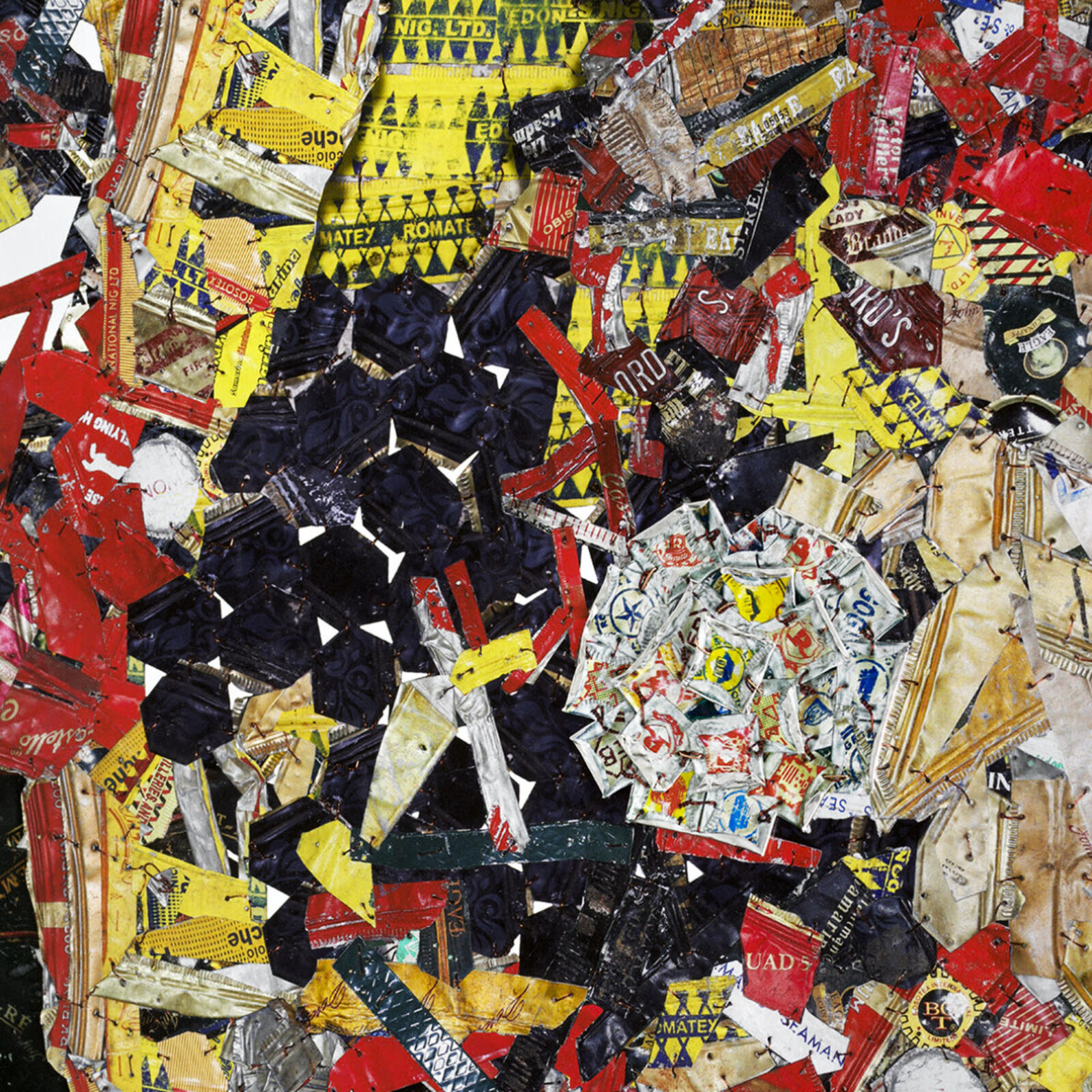 Artwork by El Anatsui, Paper and Silver, Made of Inkjet pigment print with irregular hand-cut edges conforming to the image, printed and hand-cut and hand-sculpted aluminium collage, and copper wire 