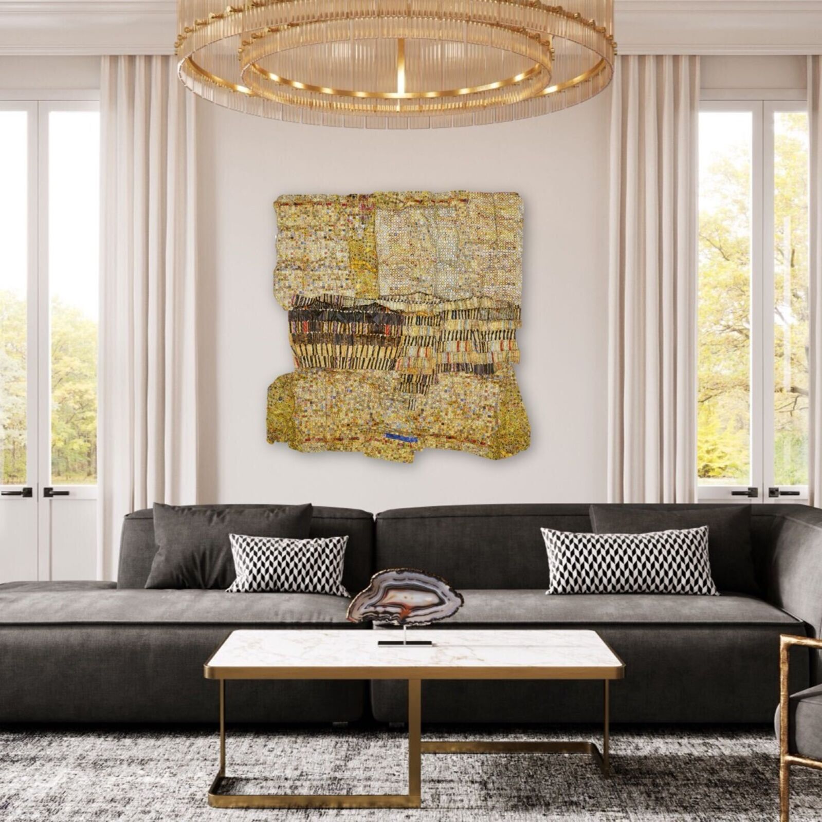 Artwork by El Anatsui, Gold Band, Made of Hand-sculpted and formed UV cured acrylic resin inkjet on aluminum with irregular hand-cut edges and copper wire 