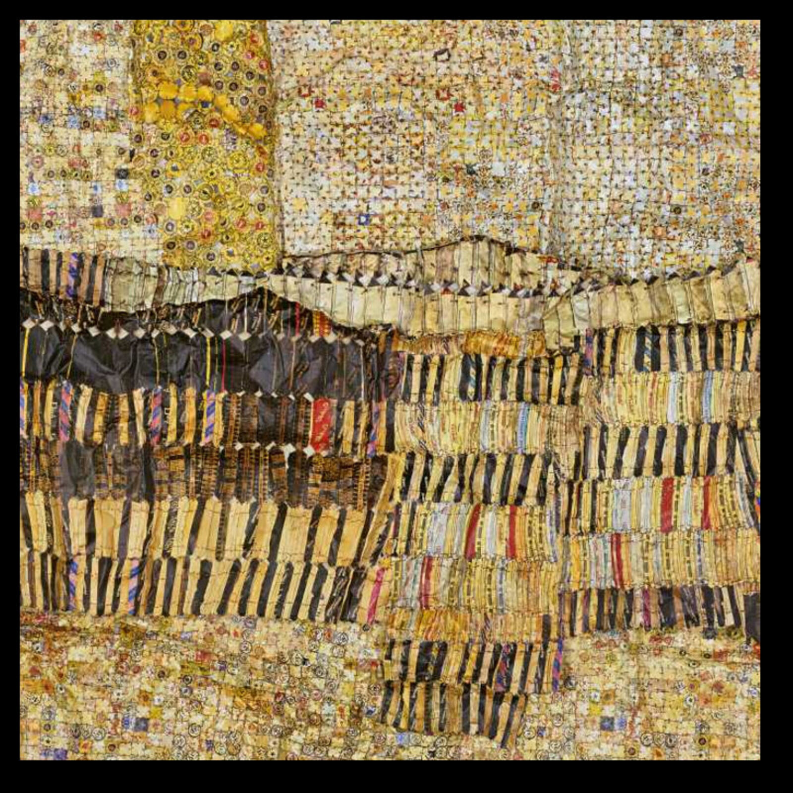 Artwork by El Anatsui, Gold Band, Made of Hand-sculpted and formed UV cured acrylic resin inkjet on aluminum with irregular hand-cut edges and copper wire 