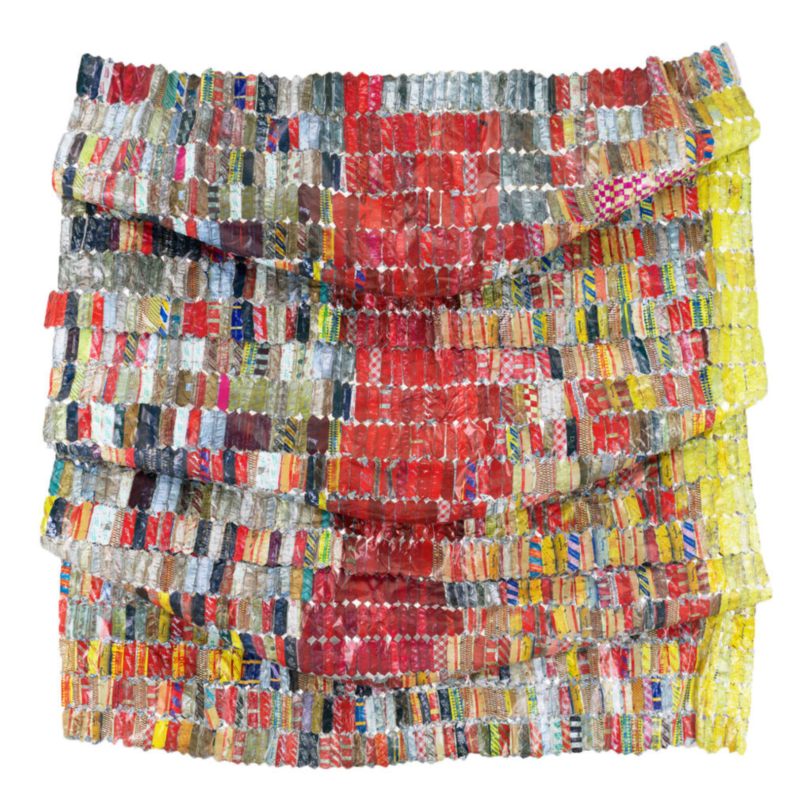 Artwork by El Anatsui, Metal Cloth, Made of Hand-sculpted and formed UV cured acrylic resin inkjet on aluminiumwith irregular hand-cut edges and copper wire 