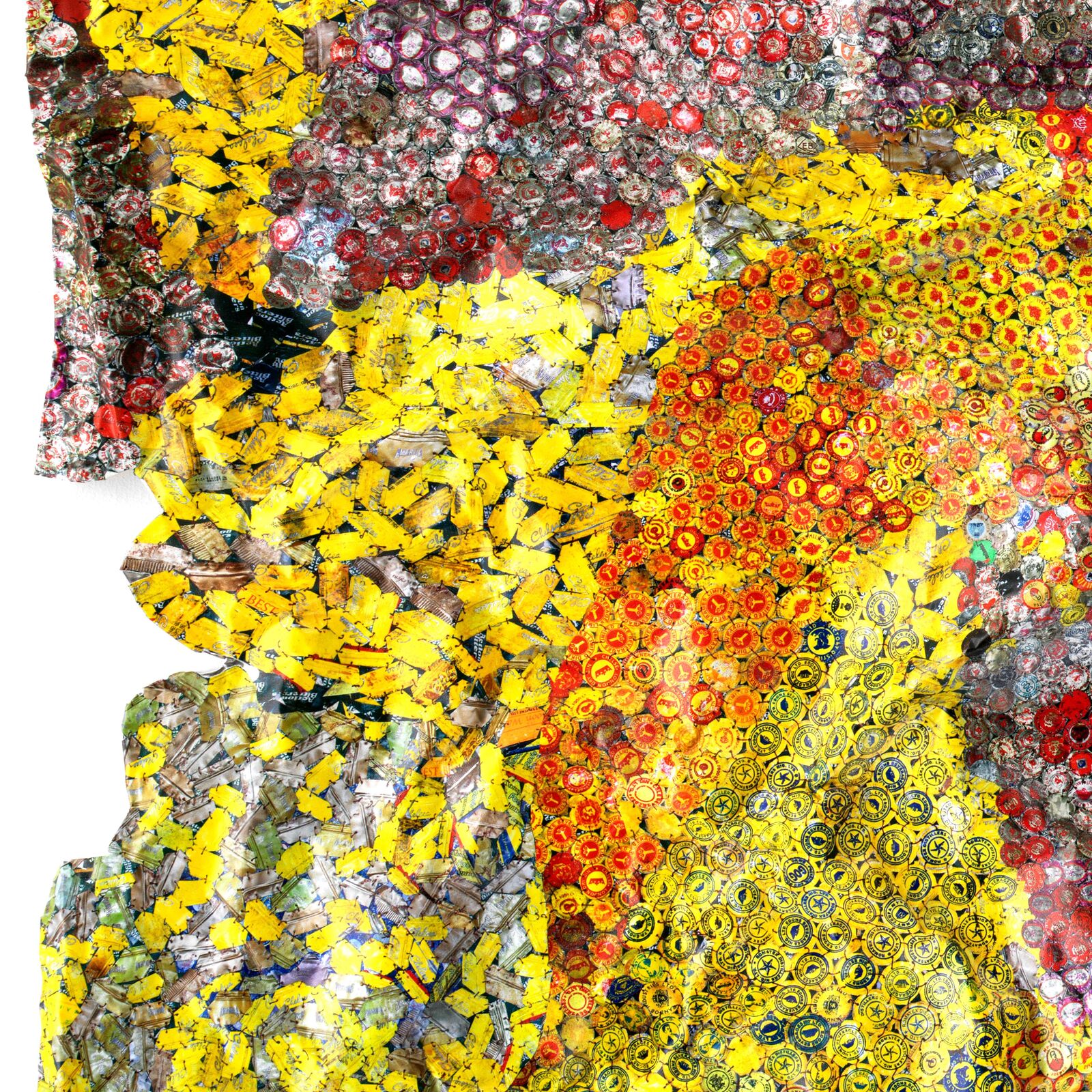A colorful, crumpled textile-like artwork made from thousands of tiny bottle caps.