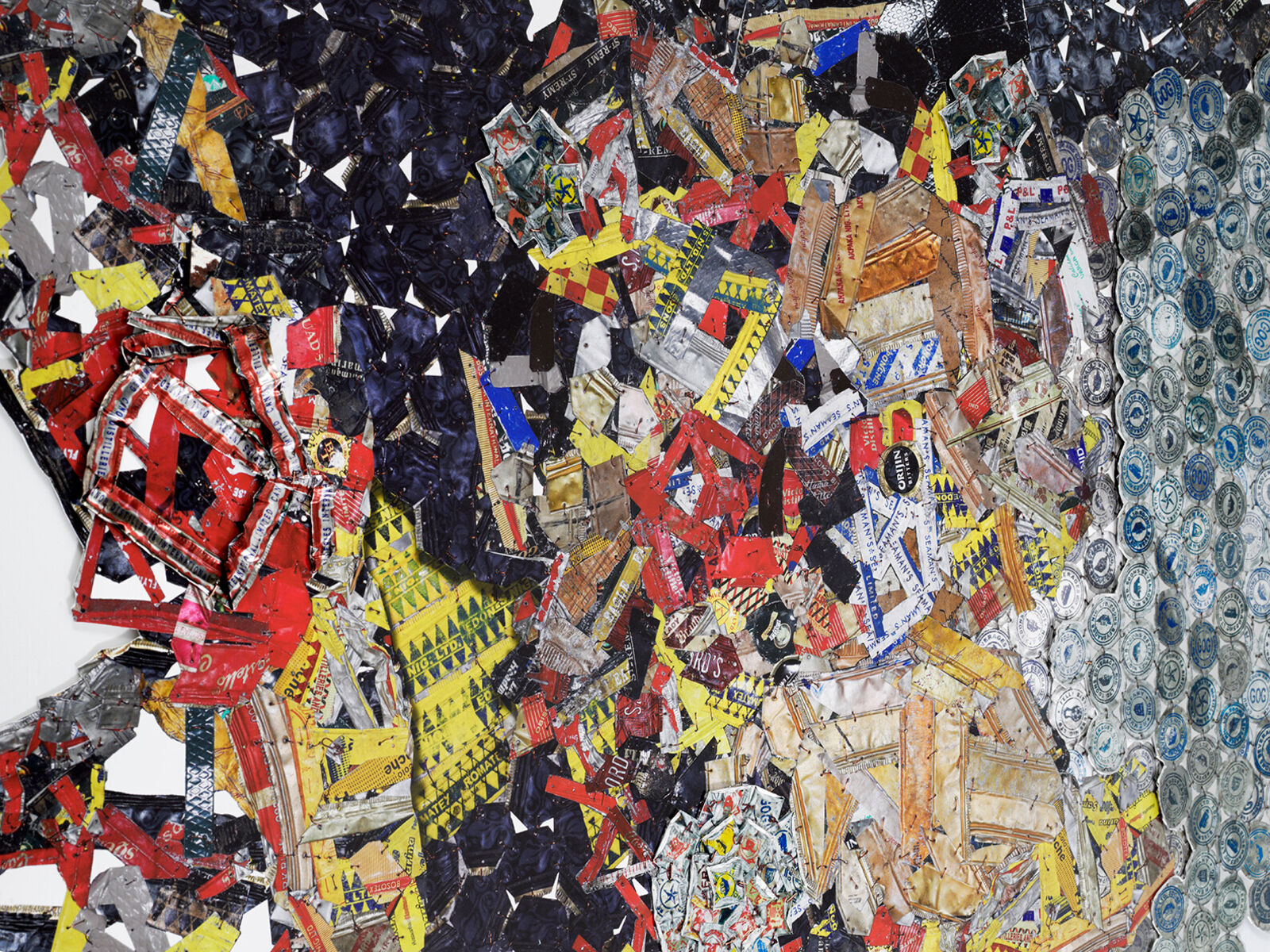 Artwork by El Anatsui, Paper and Silver, Made of Inkjet pigment print with irregular hand-cut edges conforming to the image, printed and hand-cut and hand-sculpted aluminium collage, and copper wire 