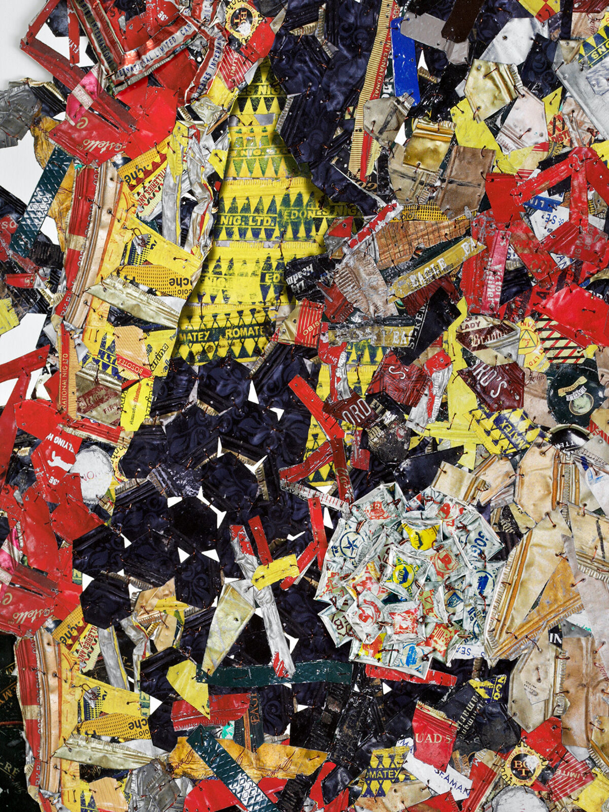 Artwork by El Anatsui, Paper and Silver, Made of Inkjet pigment print with irregular hand-cut edges conforming to the image, printed and hand-cut and hand-sculpted aluminium collage, and copper wire 