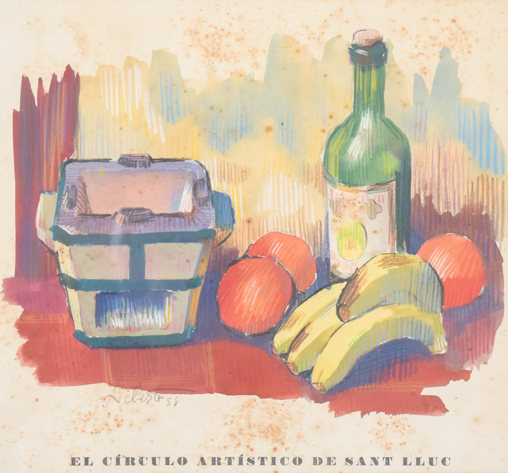 A painting of a bottle of wine and fruit on a table.