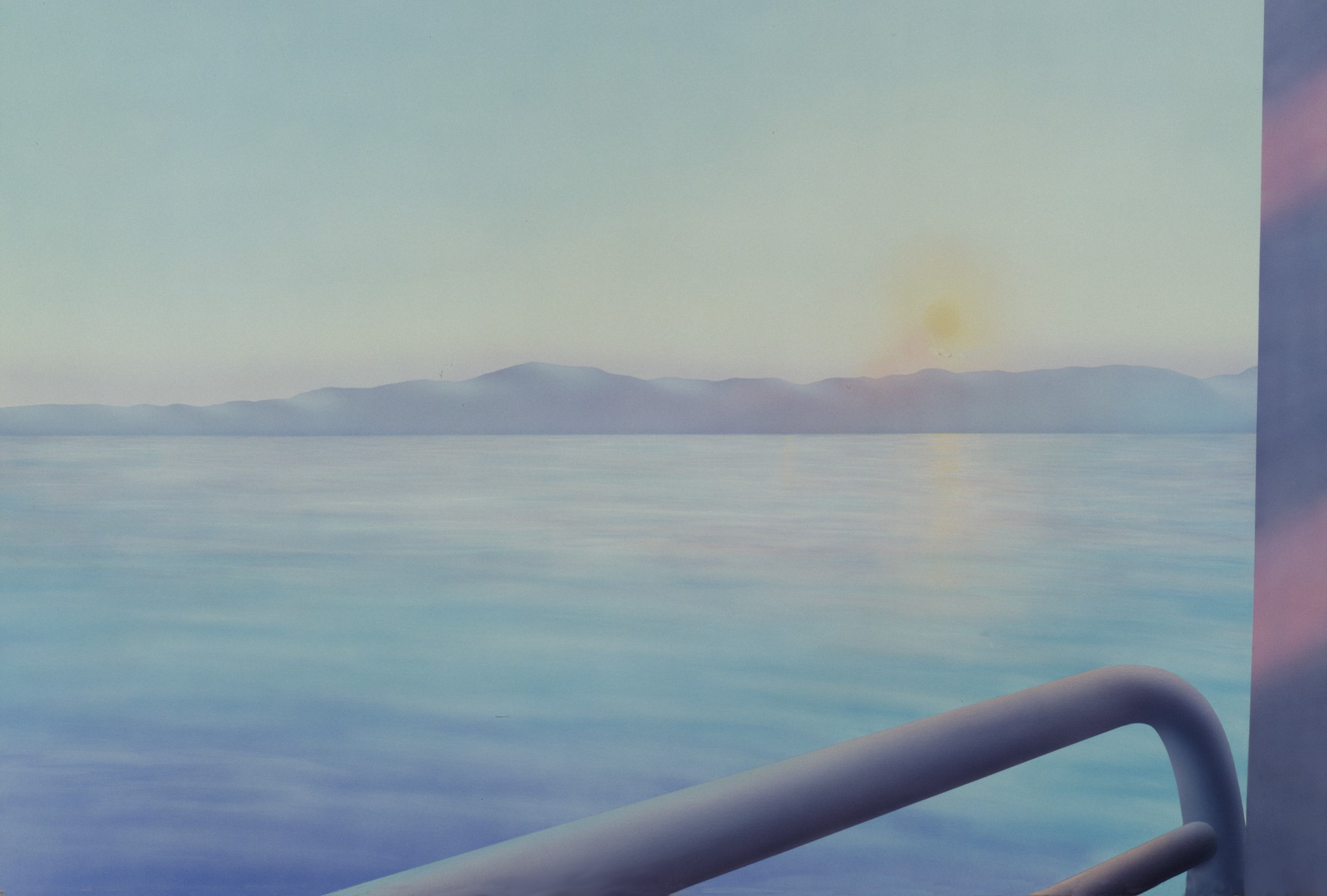 A painting of a sunset over a body of water.