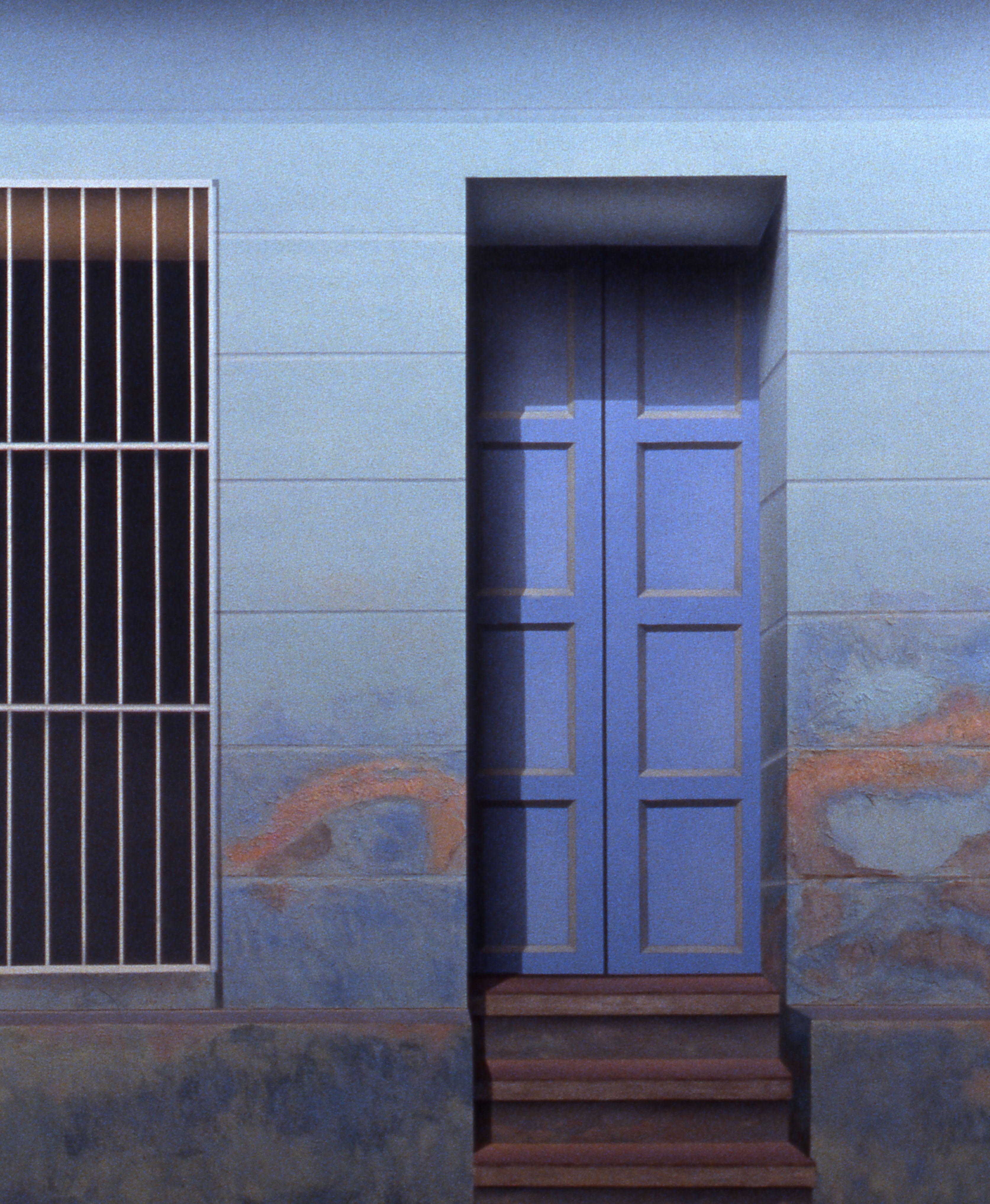 A blue door and window on a blue building.