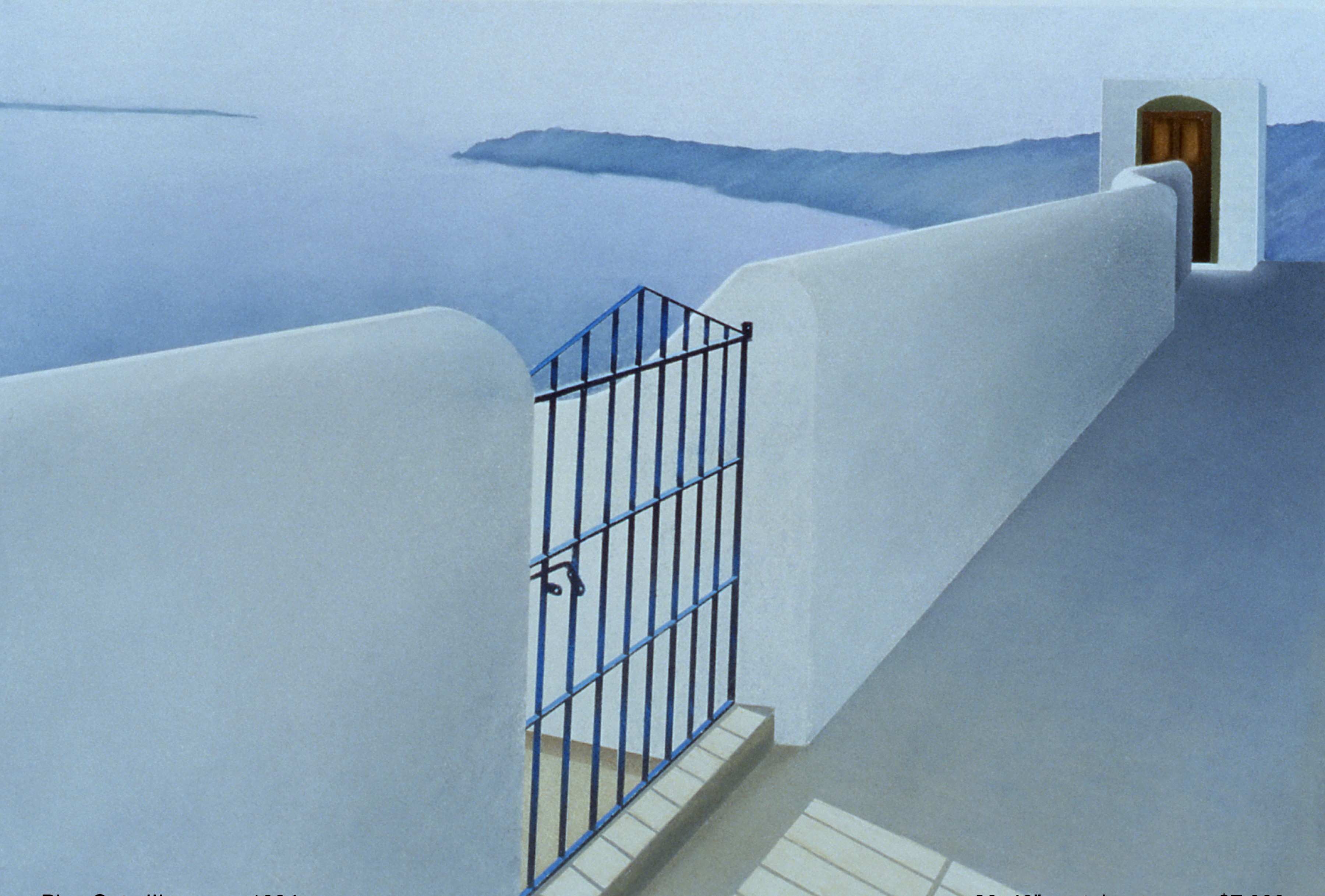 A painting of a stairway leading to a white building with a blue gate.