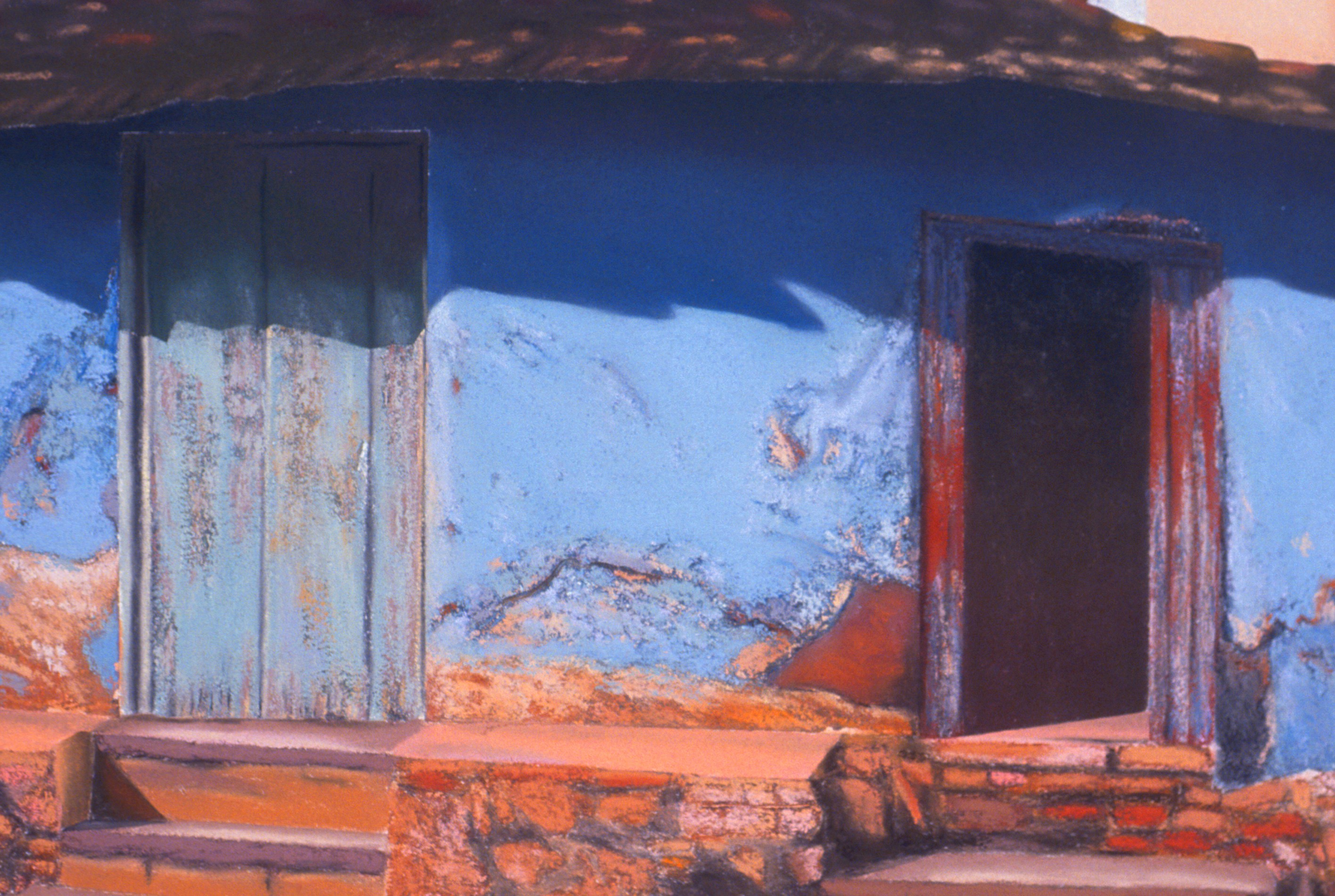 A painting of a blue building with two doors and a window.