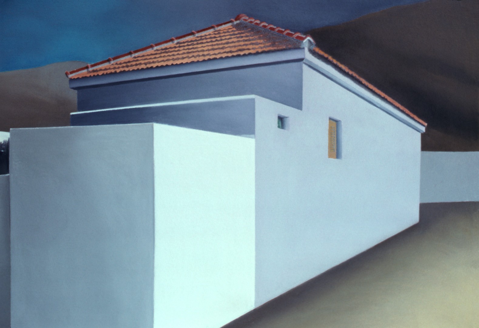 A painting of a white house with a red roof.