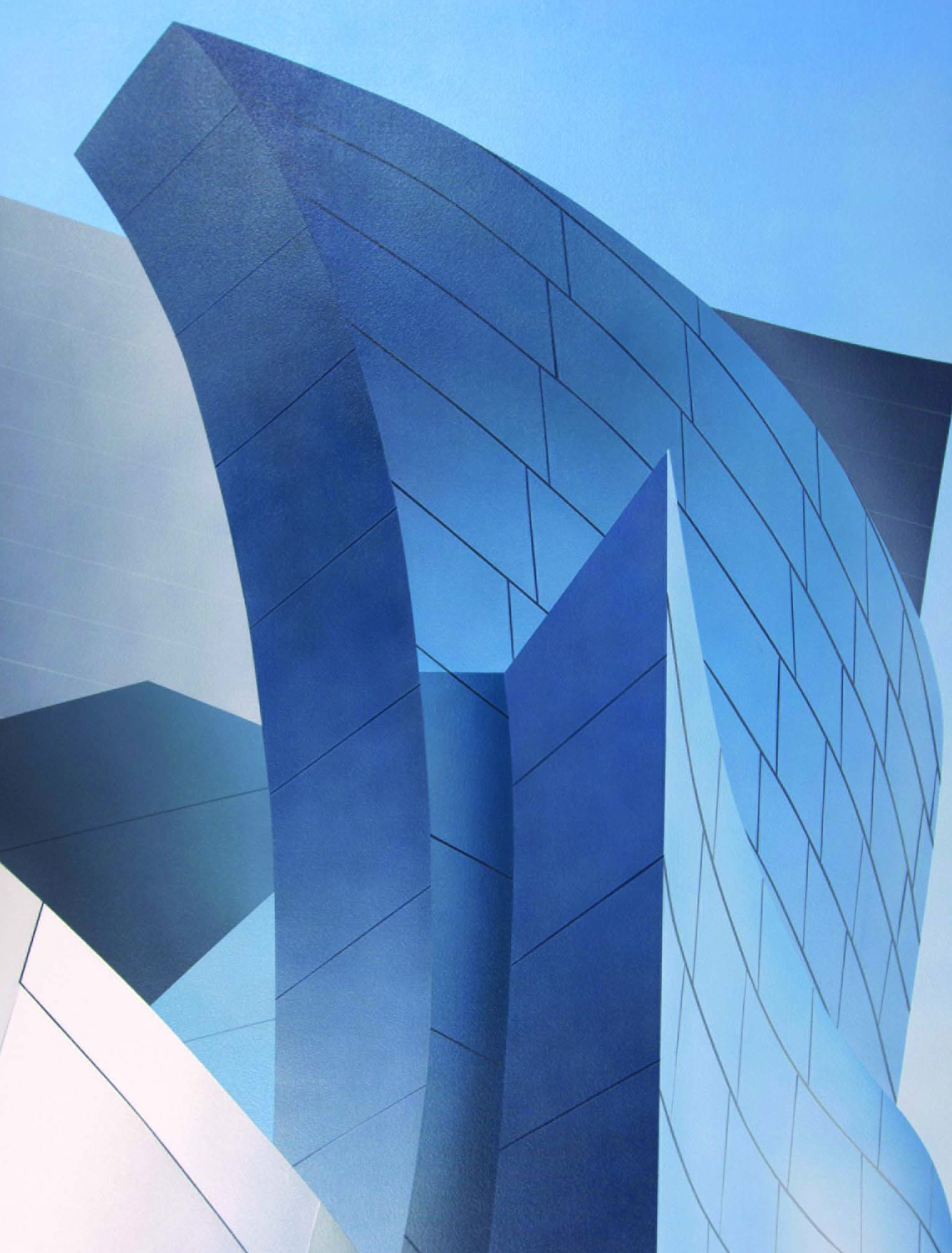 A blue and white building with a blue sky in the background.