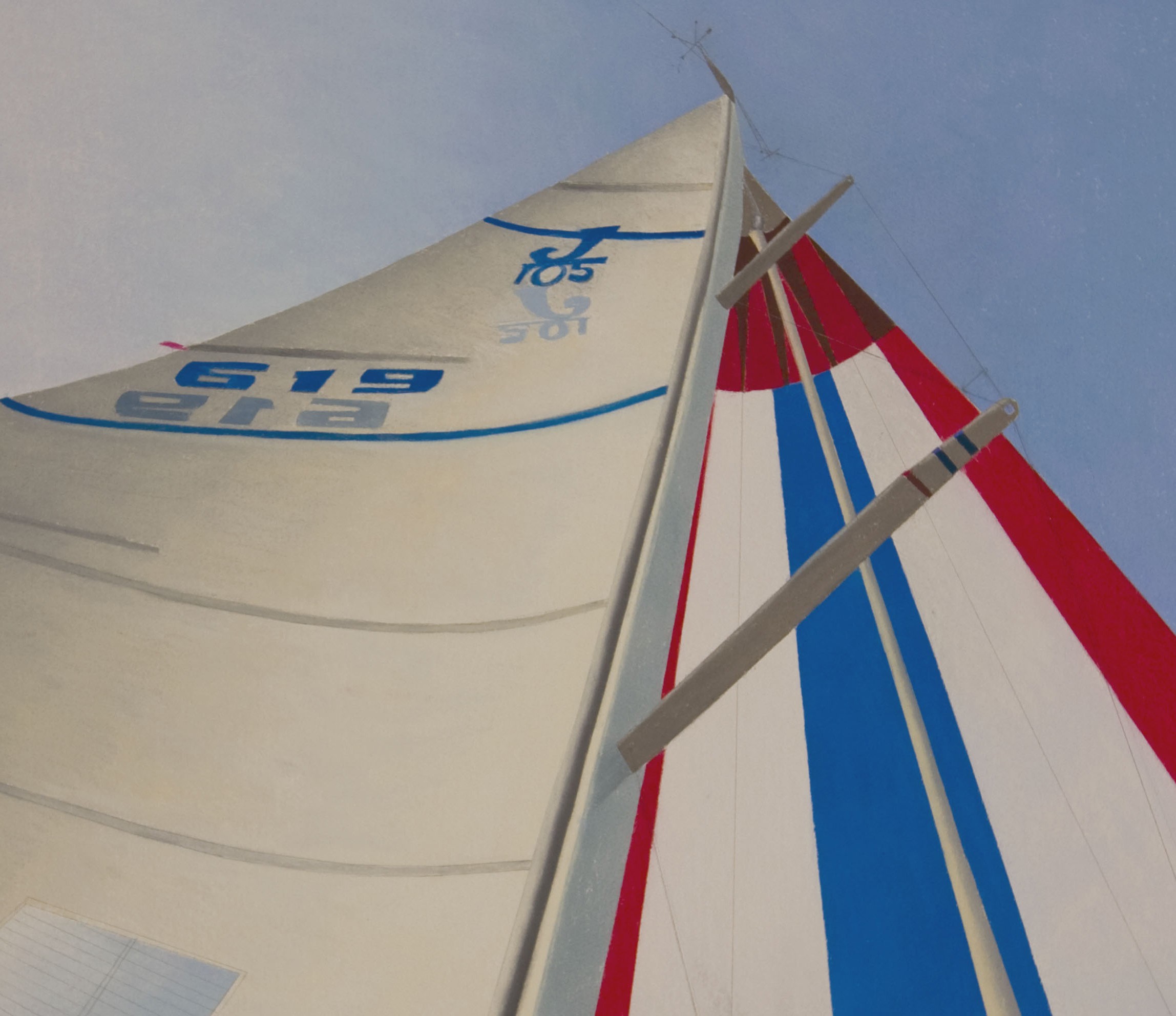 A painting of a sailboat with a red, white and blue sail.