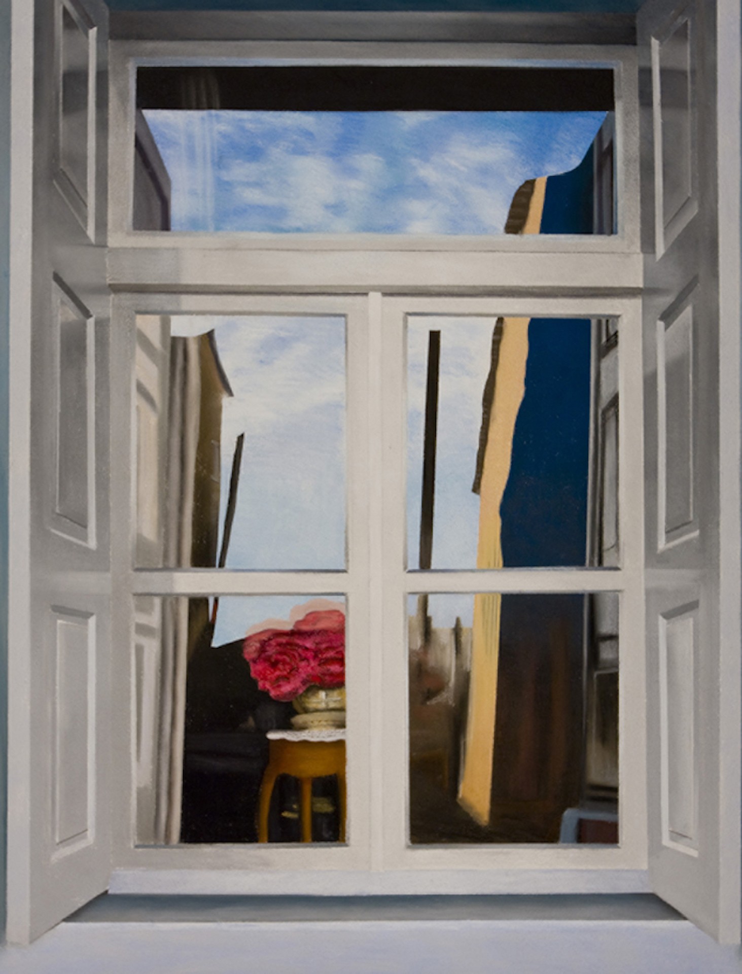 A painting of a window with a vase of flowers in it.