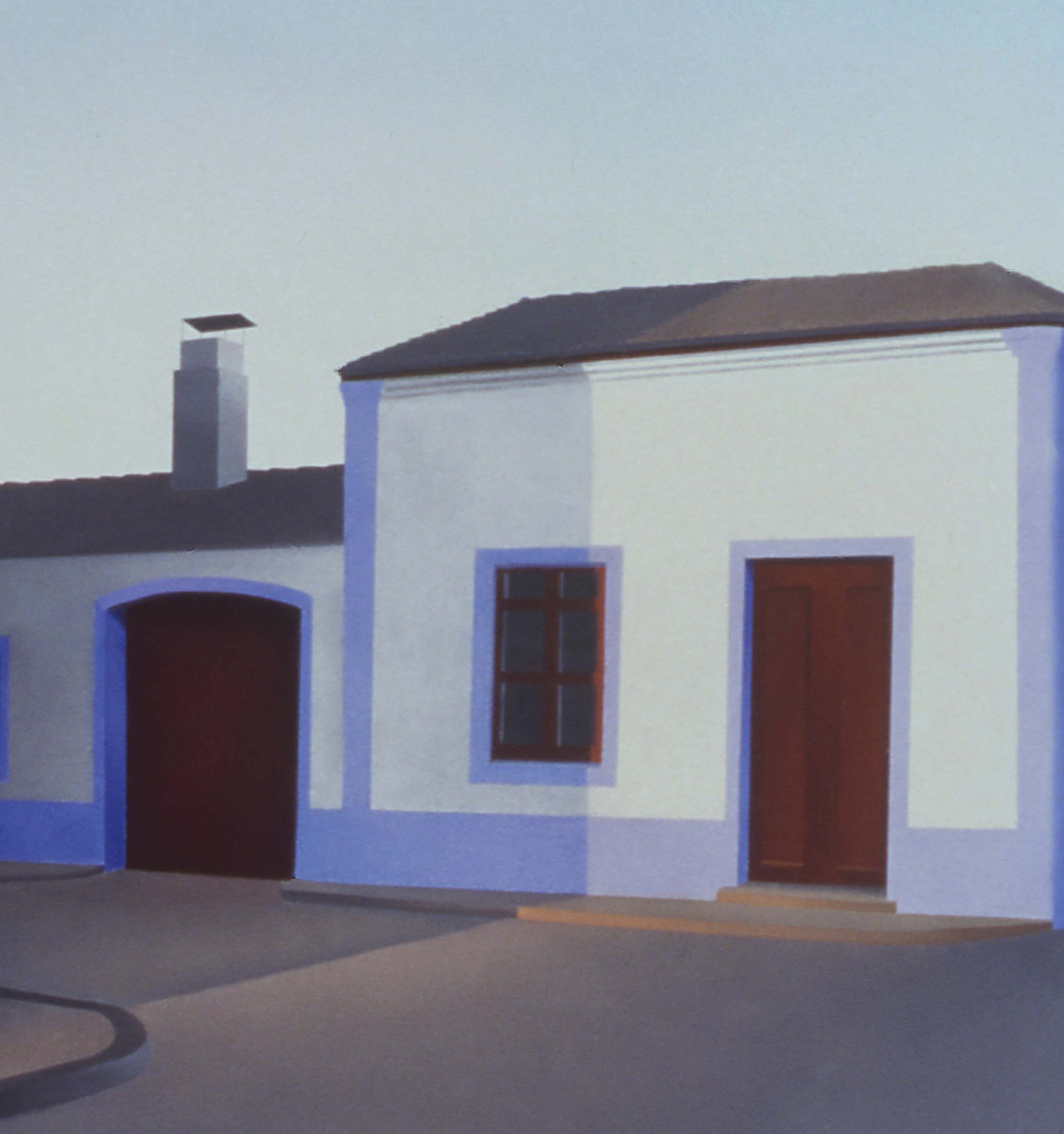 A painting of a white house with a red door.