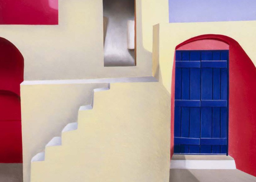 A painting of a stairway leading up to a blue door.