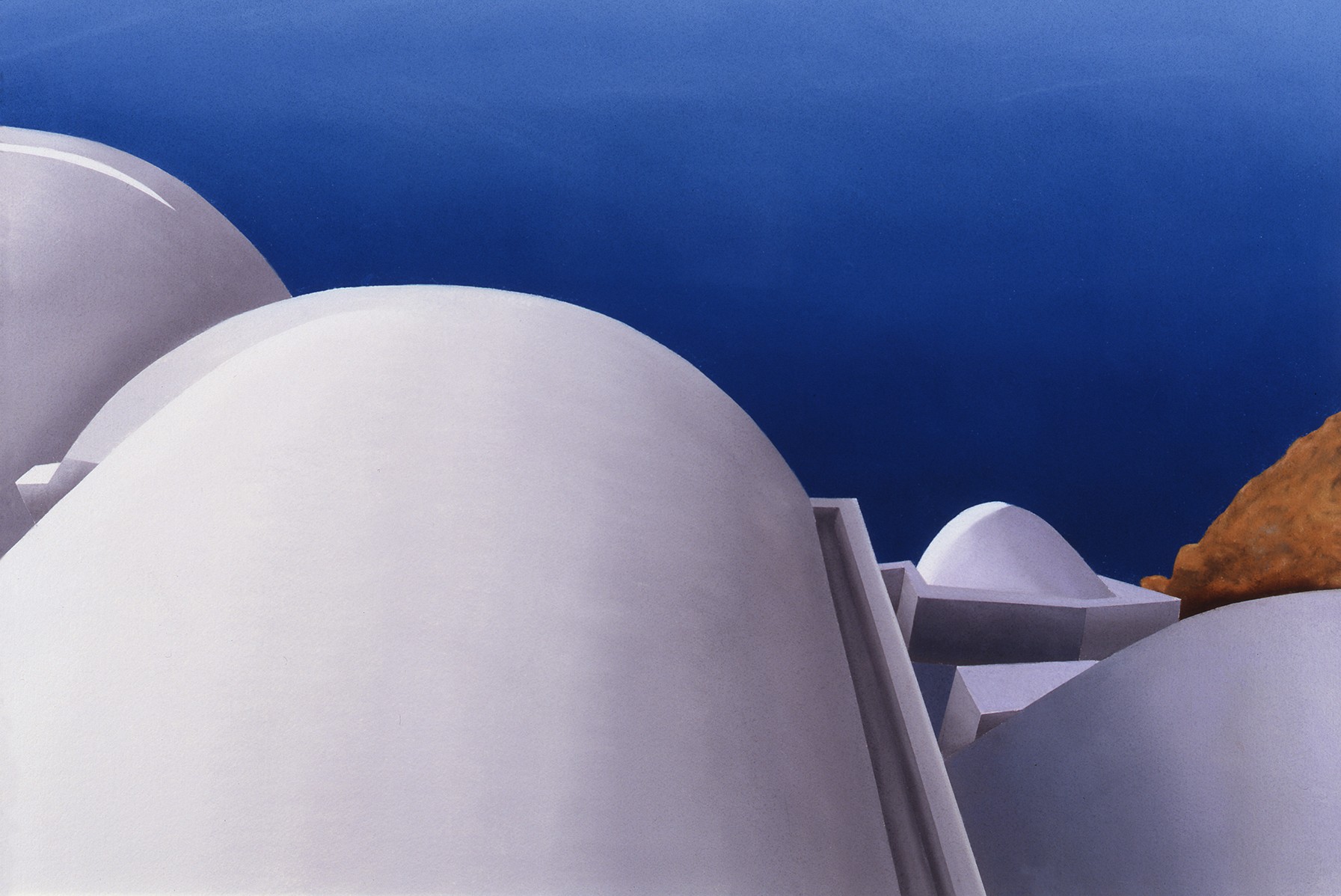 A painting of a building with a blue sky in the background.