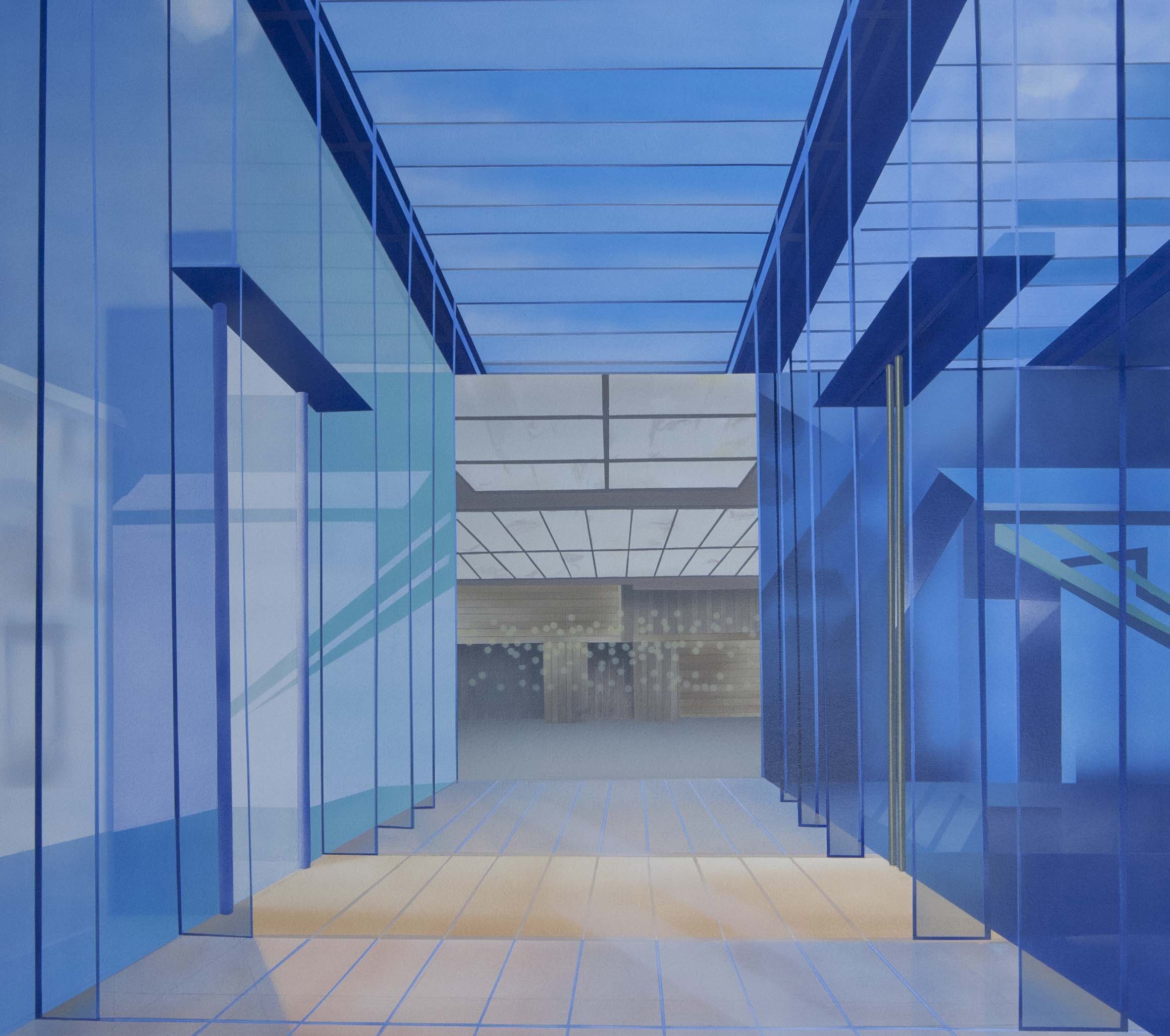 A painting of a long hallway with blue glass walls.