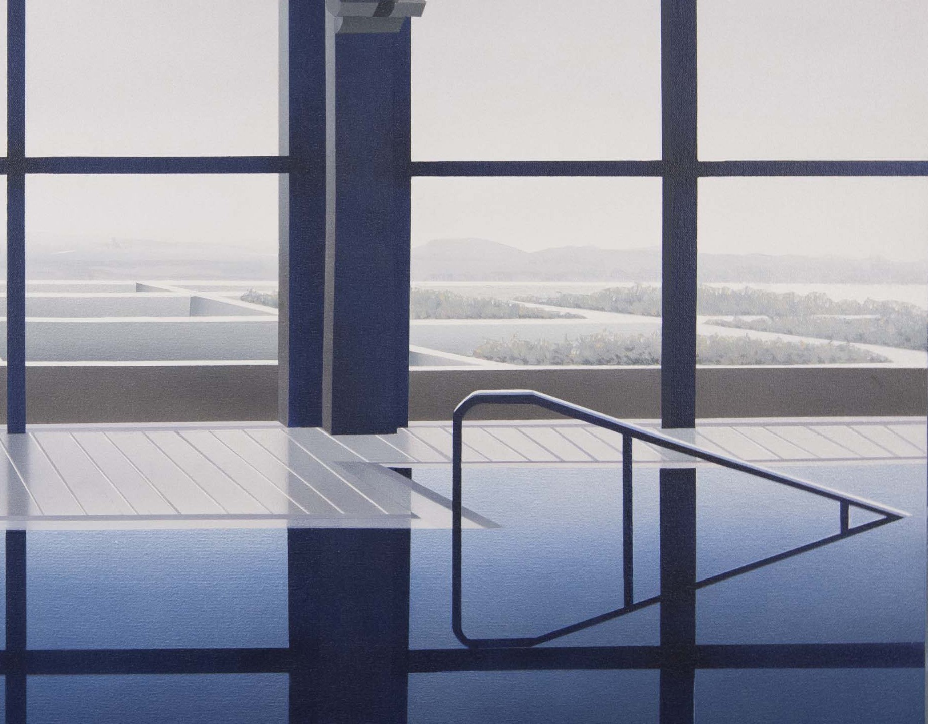 A painting of a stairwell with a view of a lake and mountains.