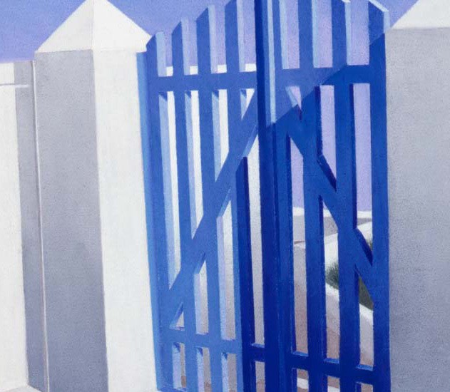 A painting of a blue and white fence with a blue gate.