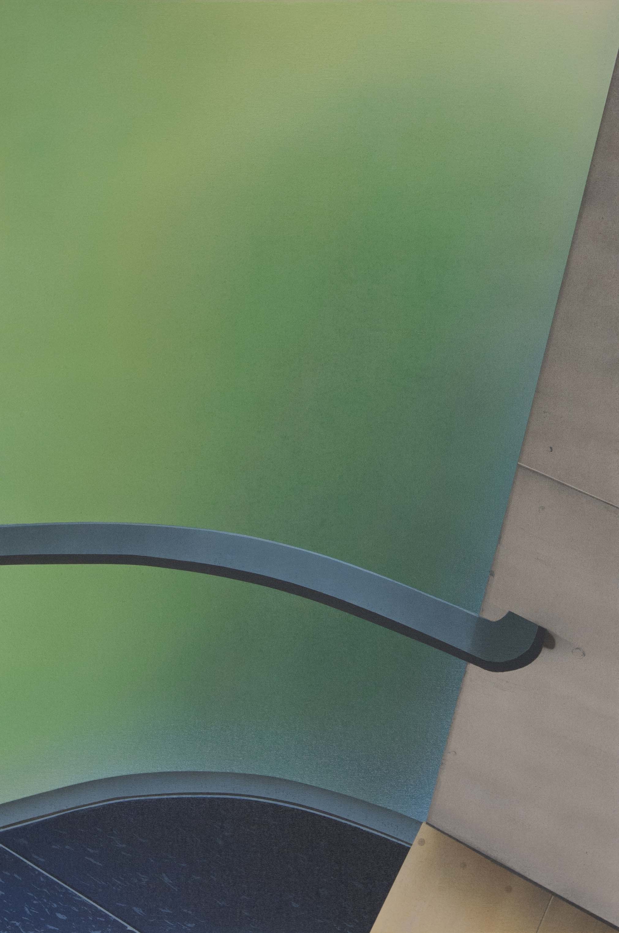 A close up of a stairwell with a green wall in the background.