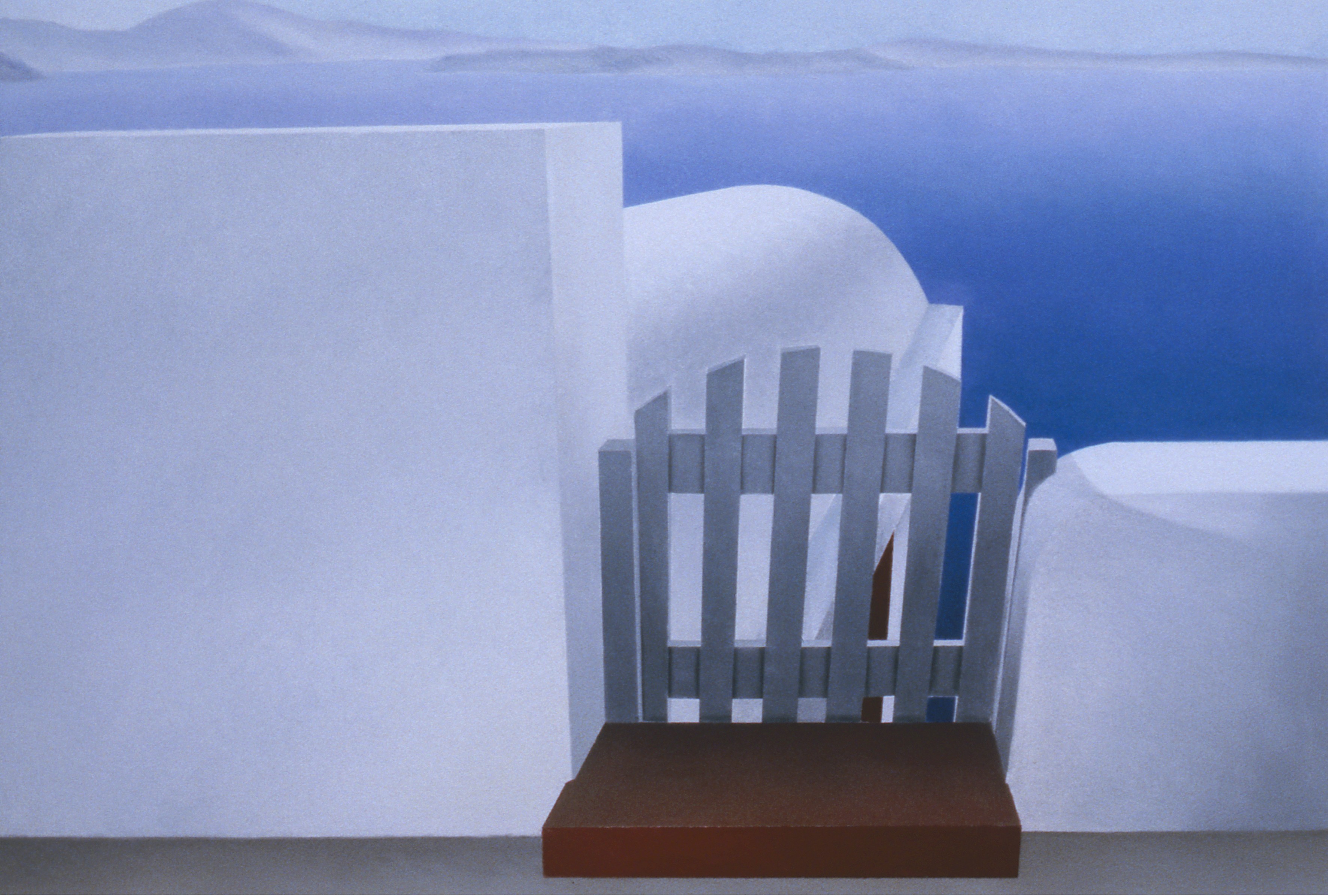 A painting of a white chair in front of a blue sky.