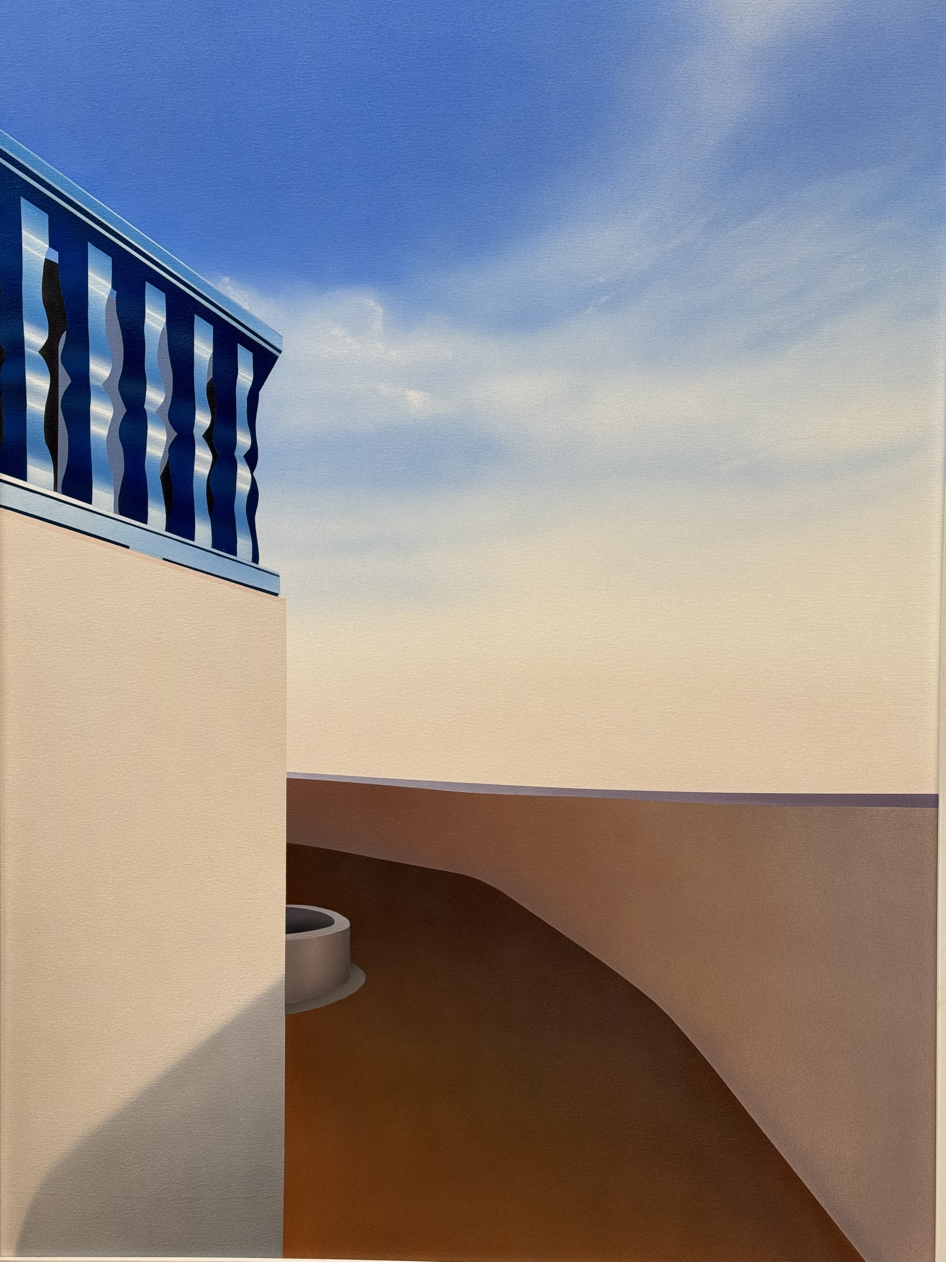 A painting of a balcony with a blue sky in the background.