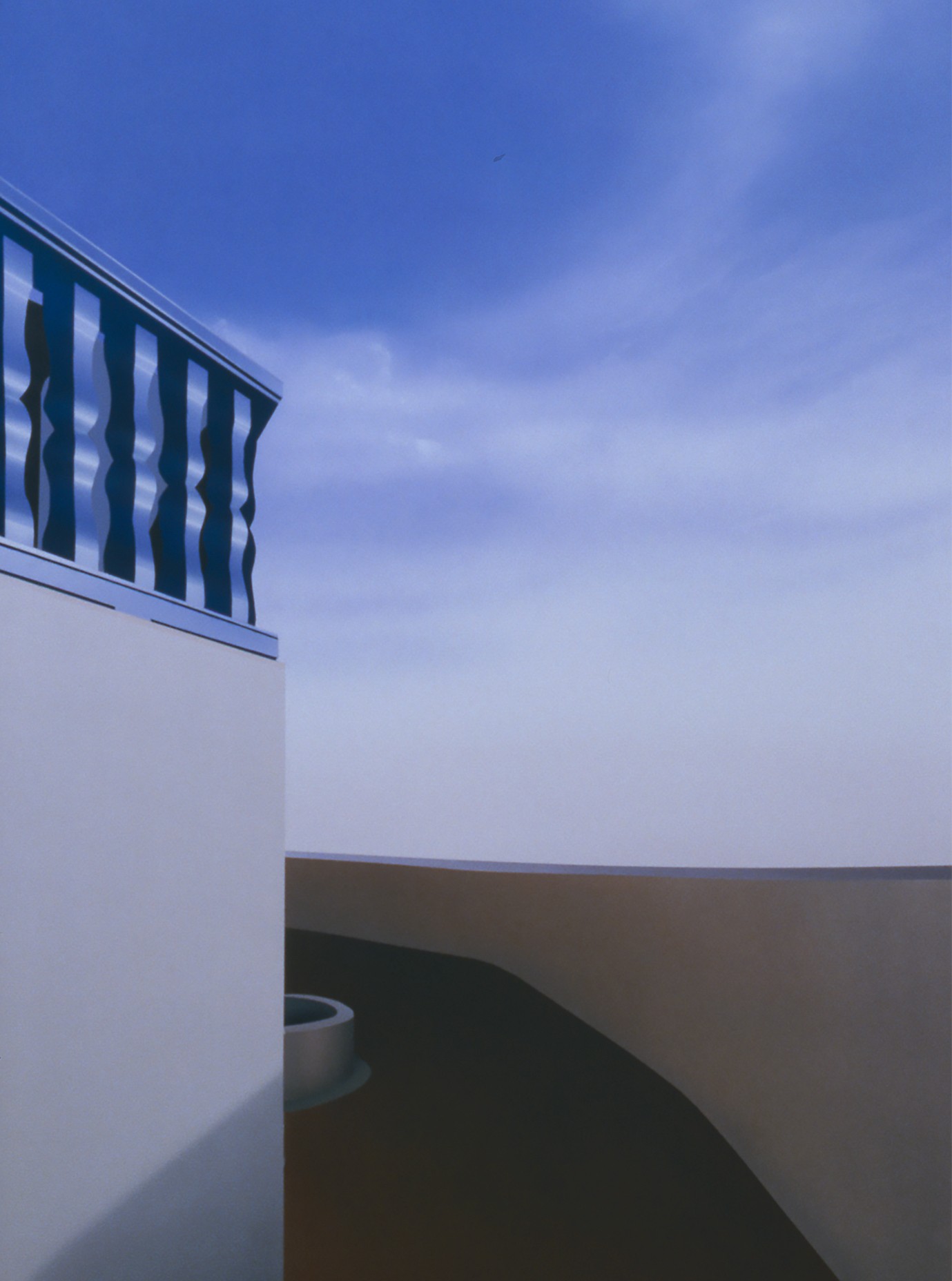 A painting of a balcony with a blue sky in the background.