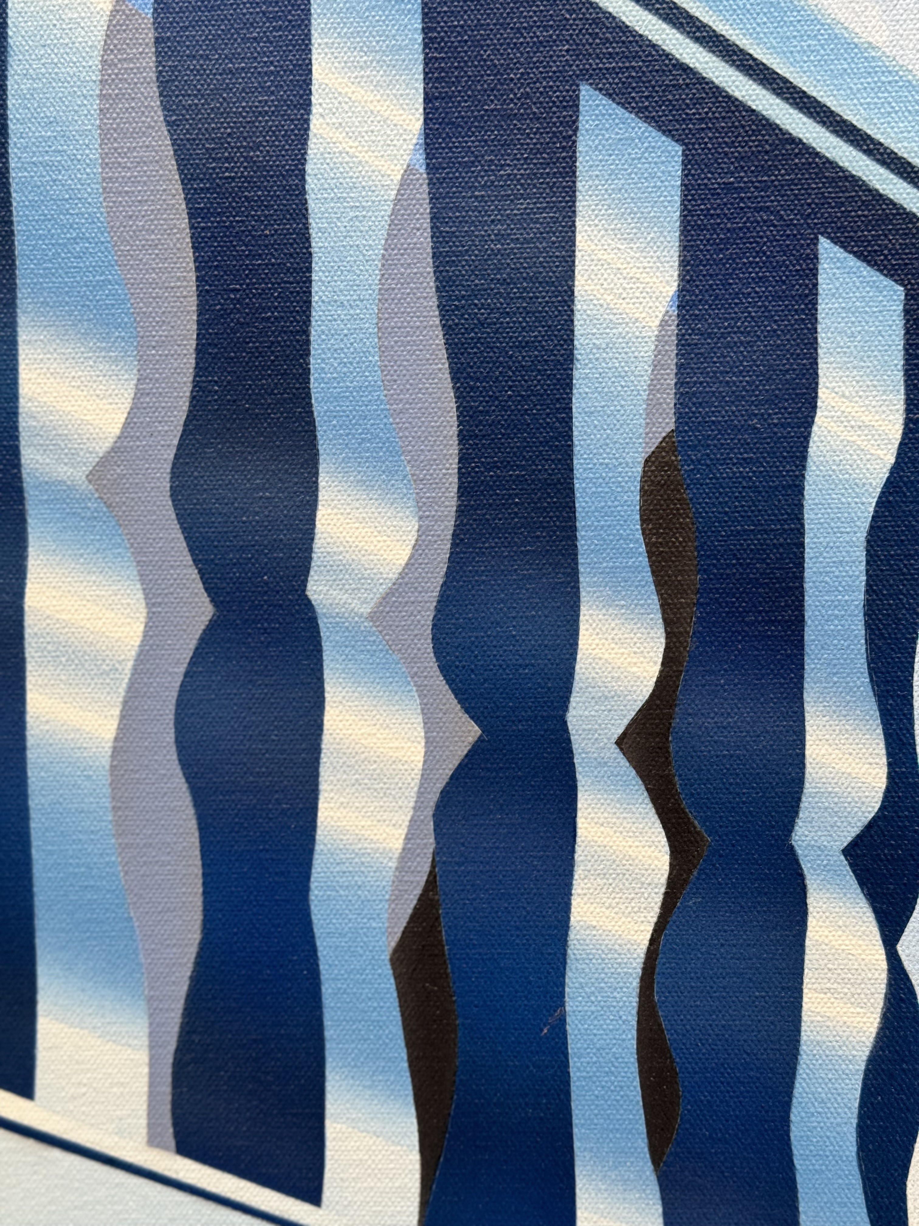 A painting of a balcony with a blue sky in the background.