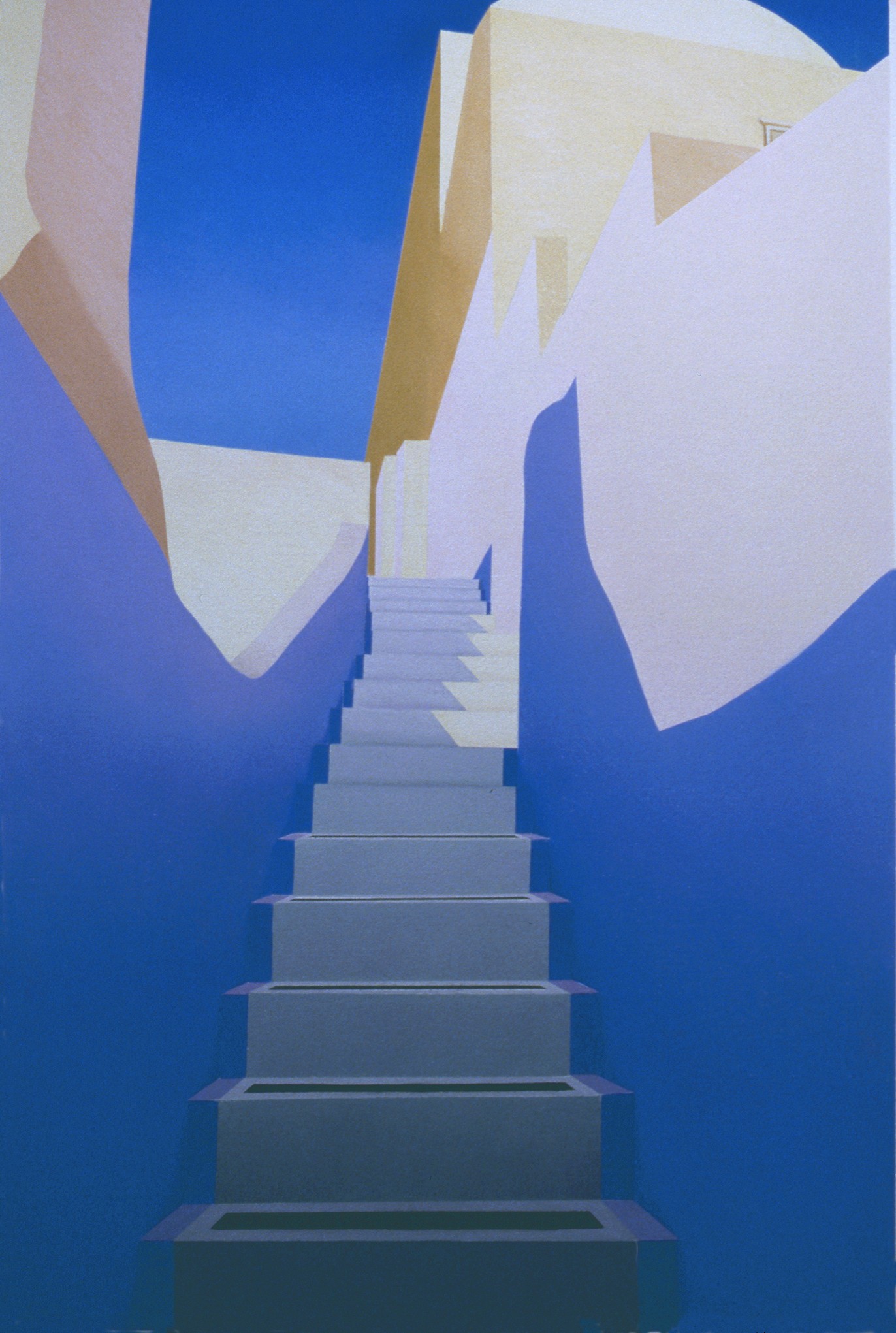 A painting of a stairway leading up to a blue wall.