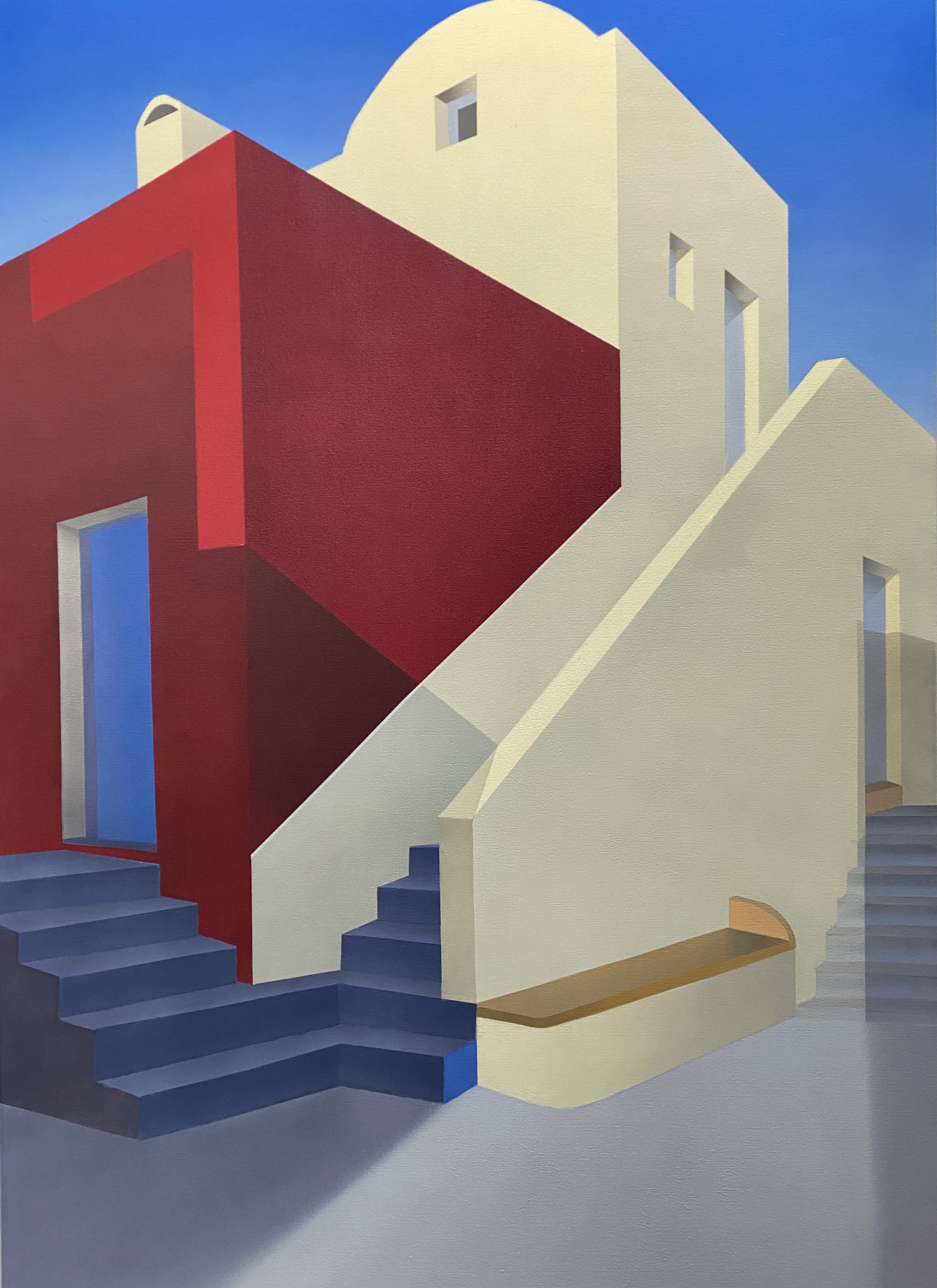 A painting of a red and white building with stairs.
