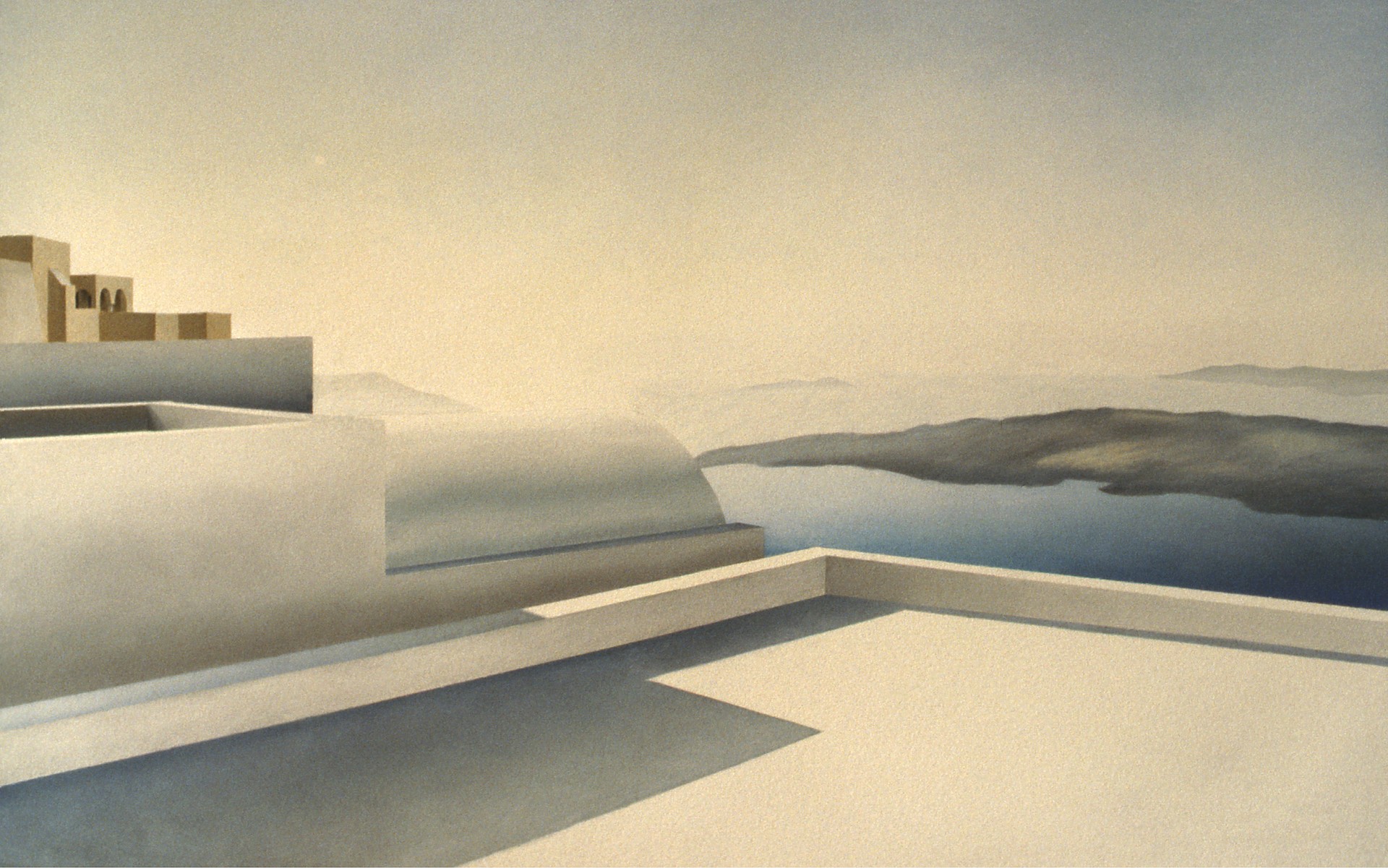 A painting of a white building with a view of the ocean.