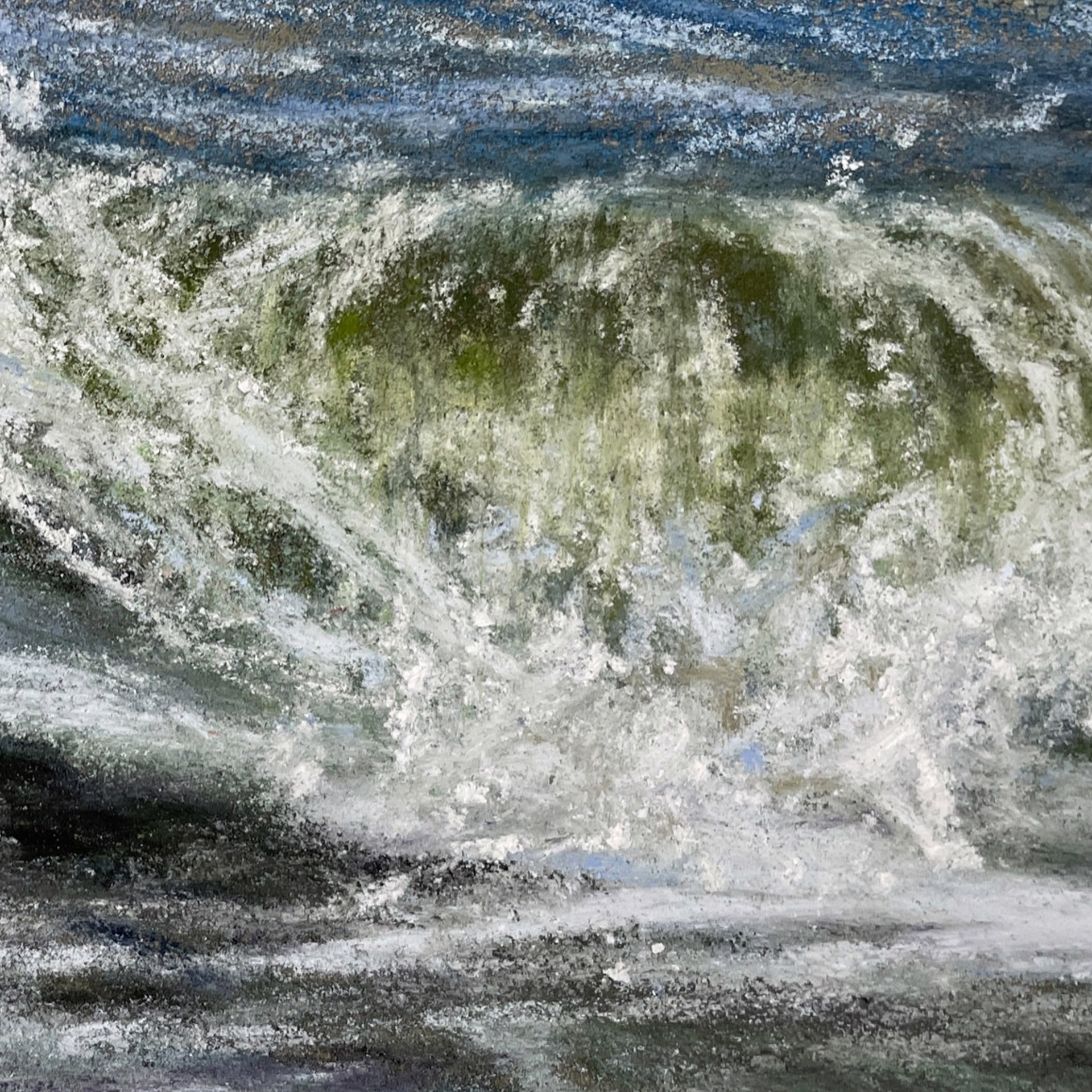 A painting of a large wave in the ocean.