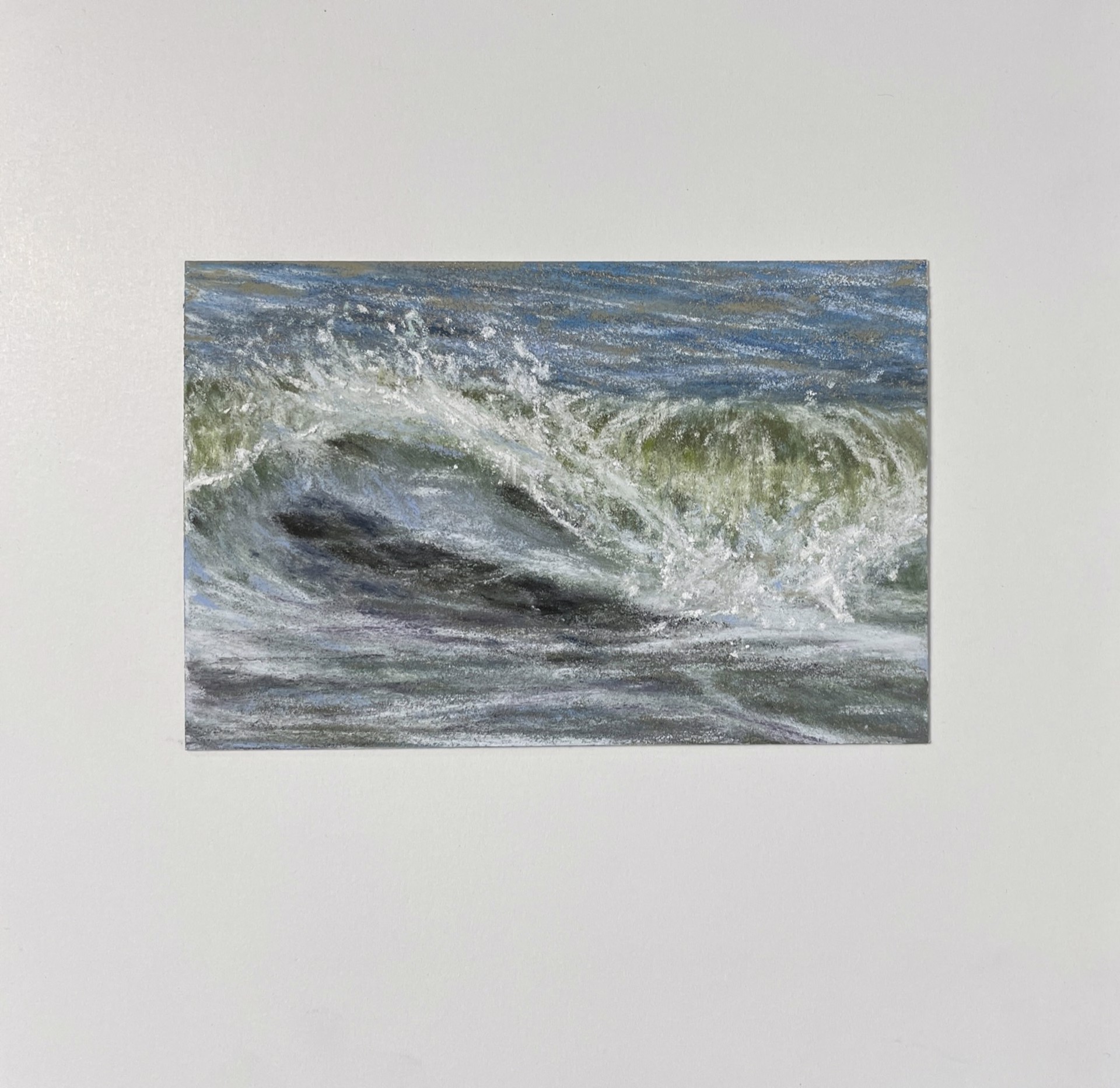 A painting of a large wave in the ocean.