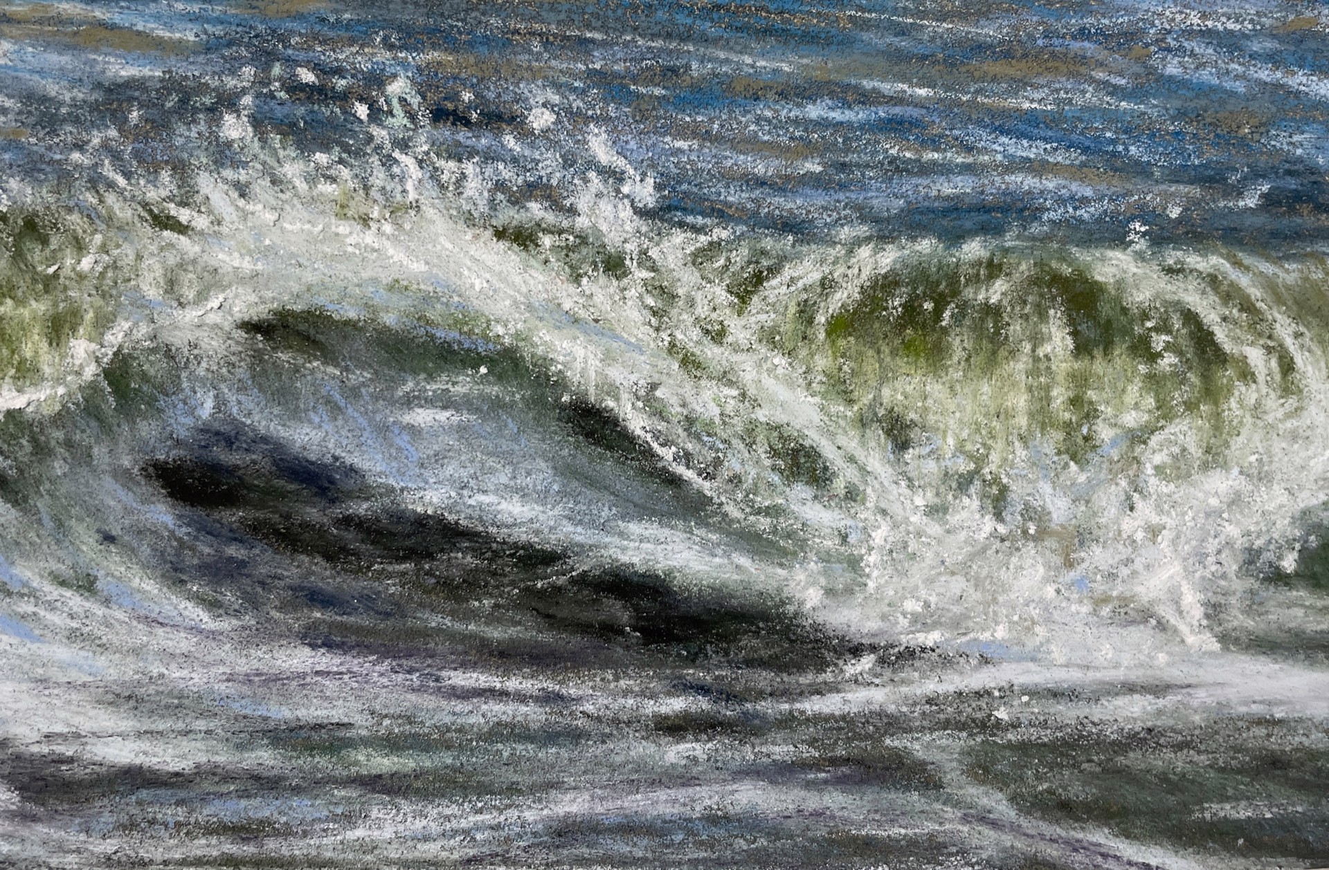A painting of a large wave in the ocean.