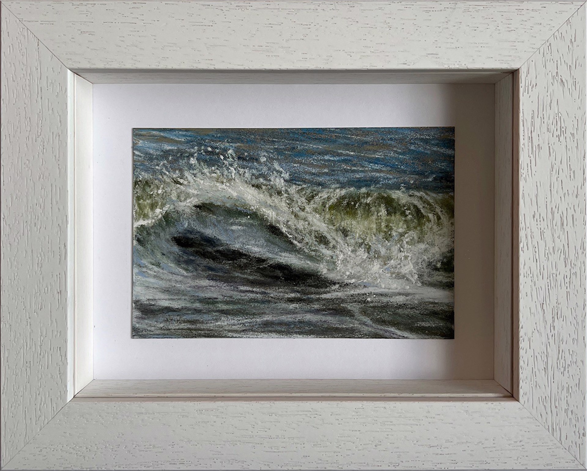 A painting of a large wave in the ocean.