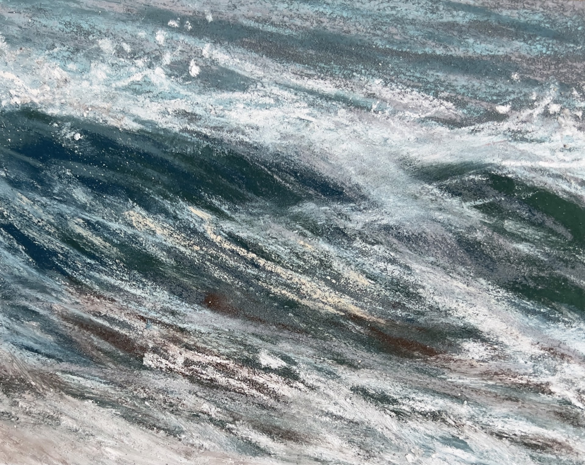 A dynamic close-up of turbulent water with swirling textures and white foam.