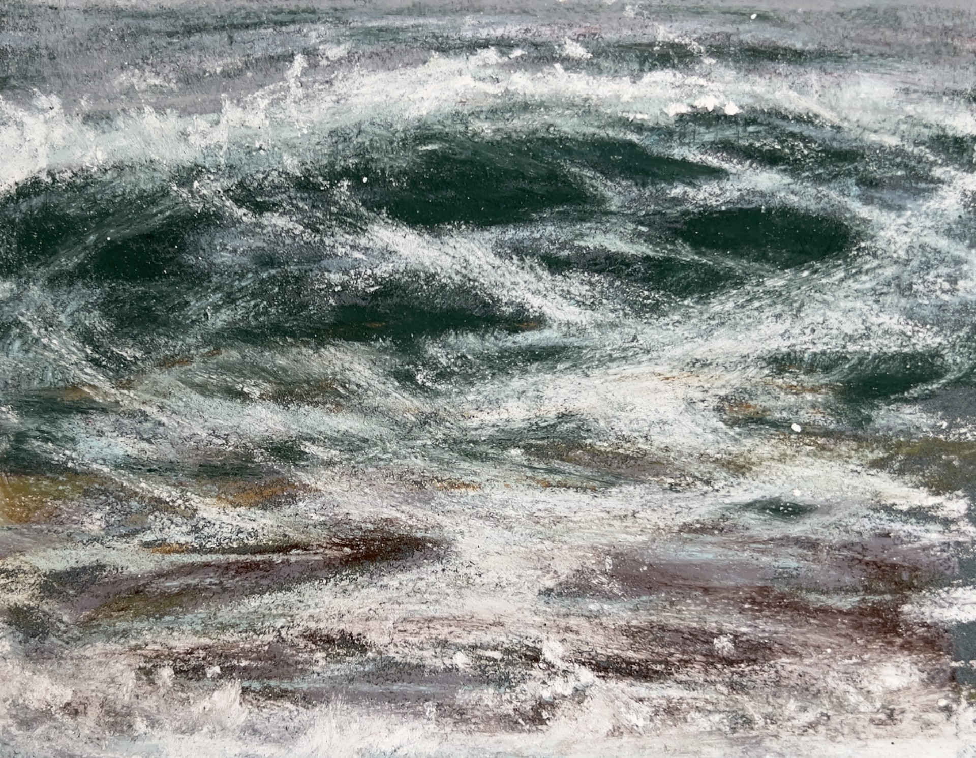A painting of a large body of water with waves crashing on the shore.