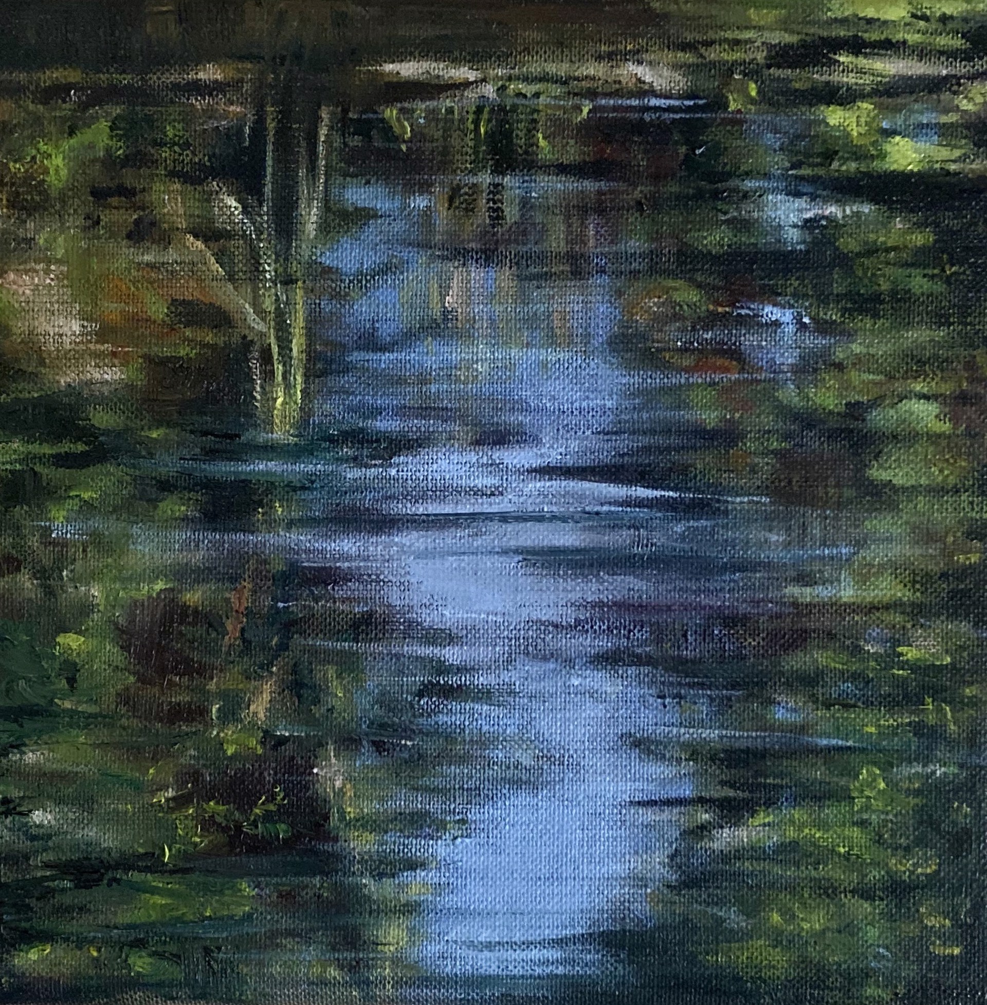A textured painting of a narrow stream reflecting light, surrounded by dense foliage.
