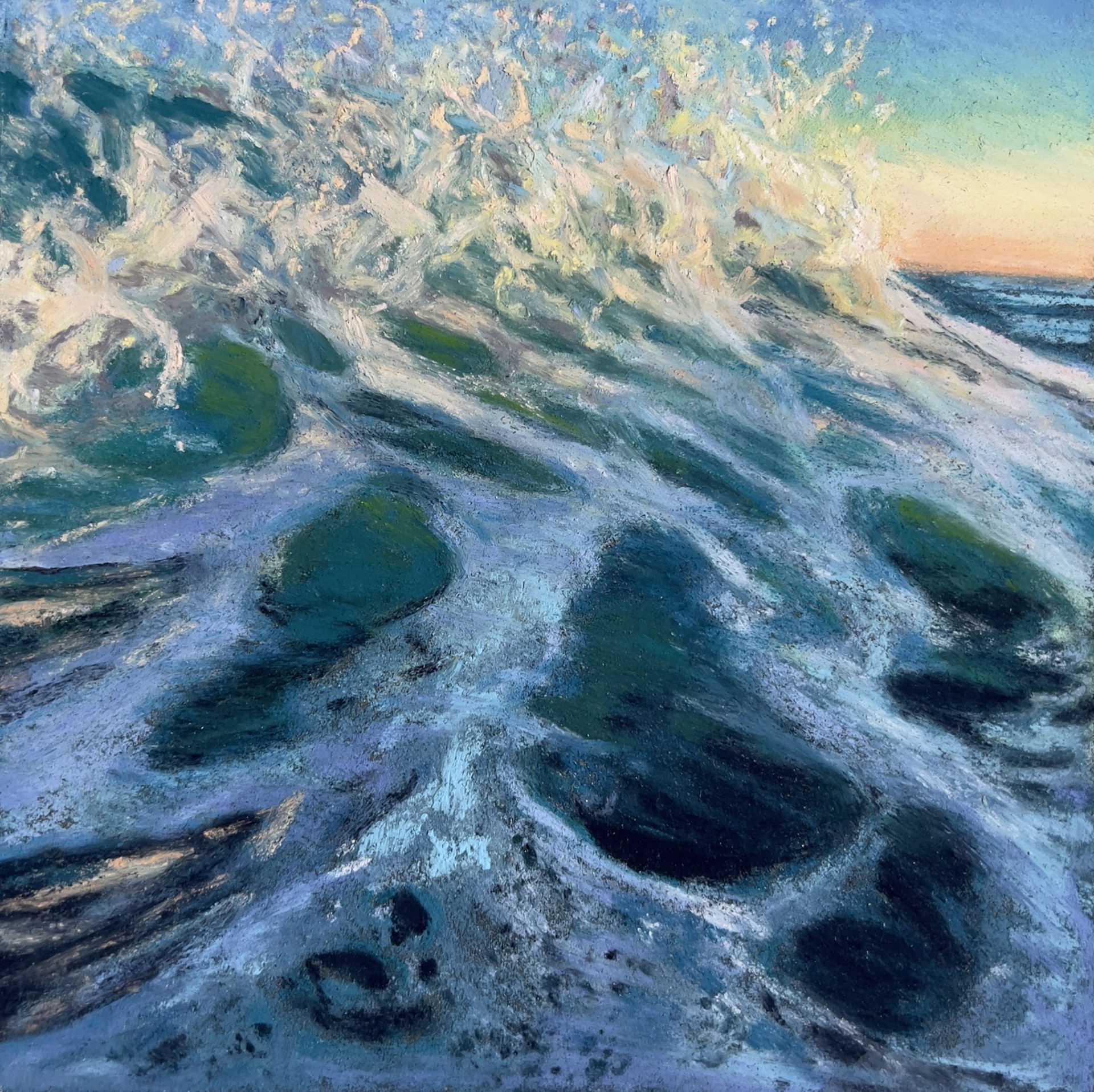 A painting of a wave crashing on the beach at sunset.
