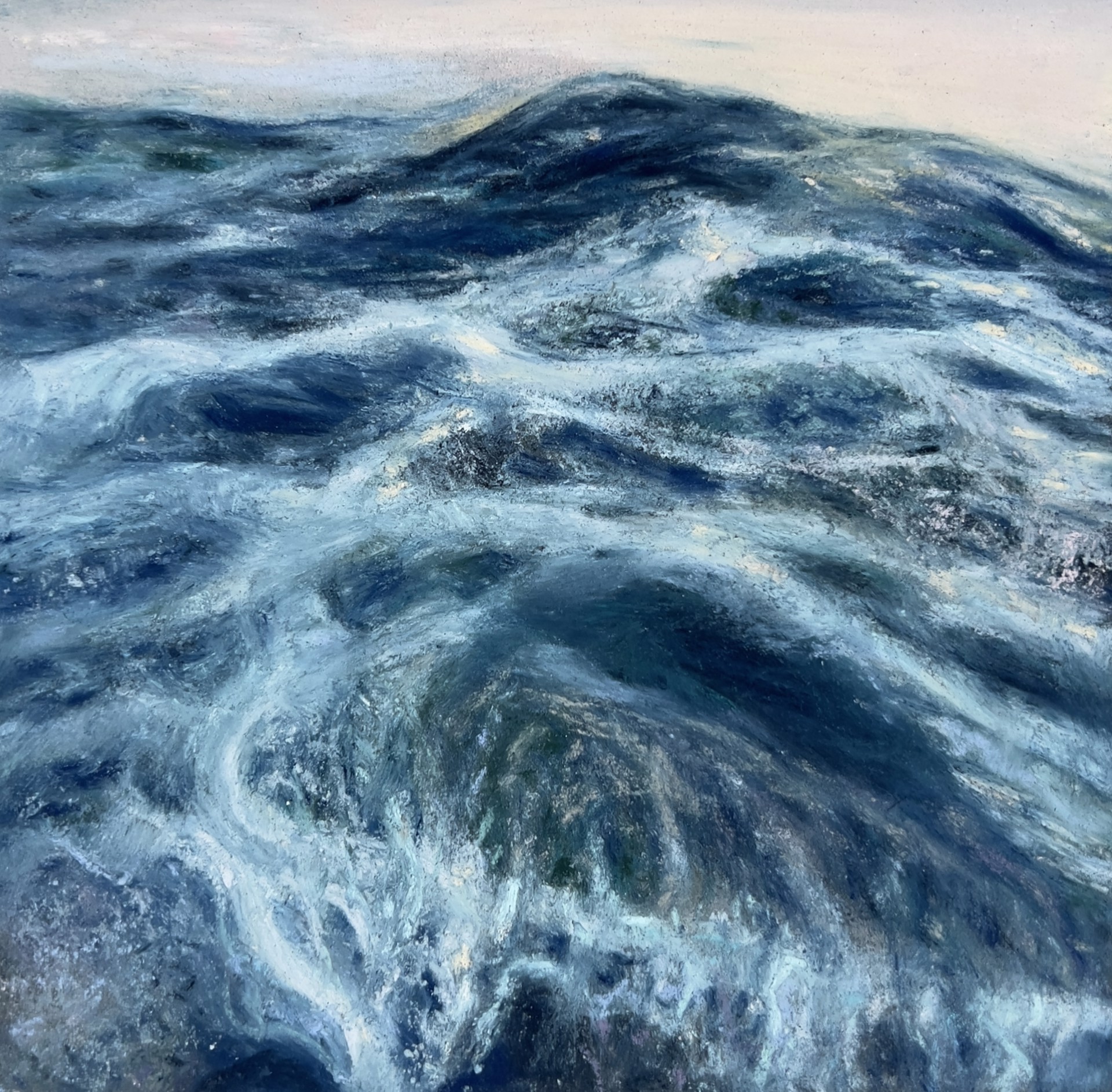 A painting of a large body of water with waves crashing on the shore.
