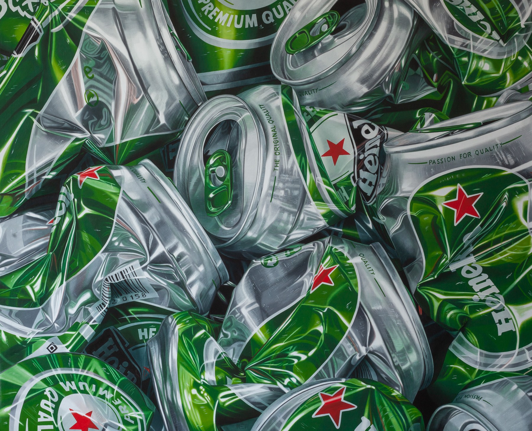 A pile of cans of beer sitting on top of each other.