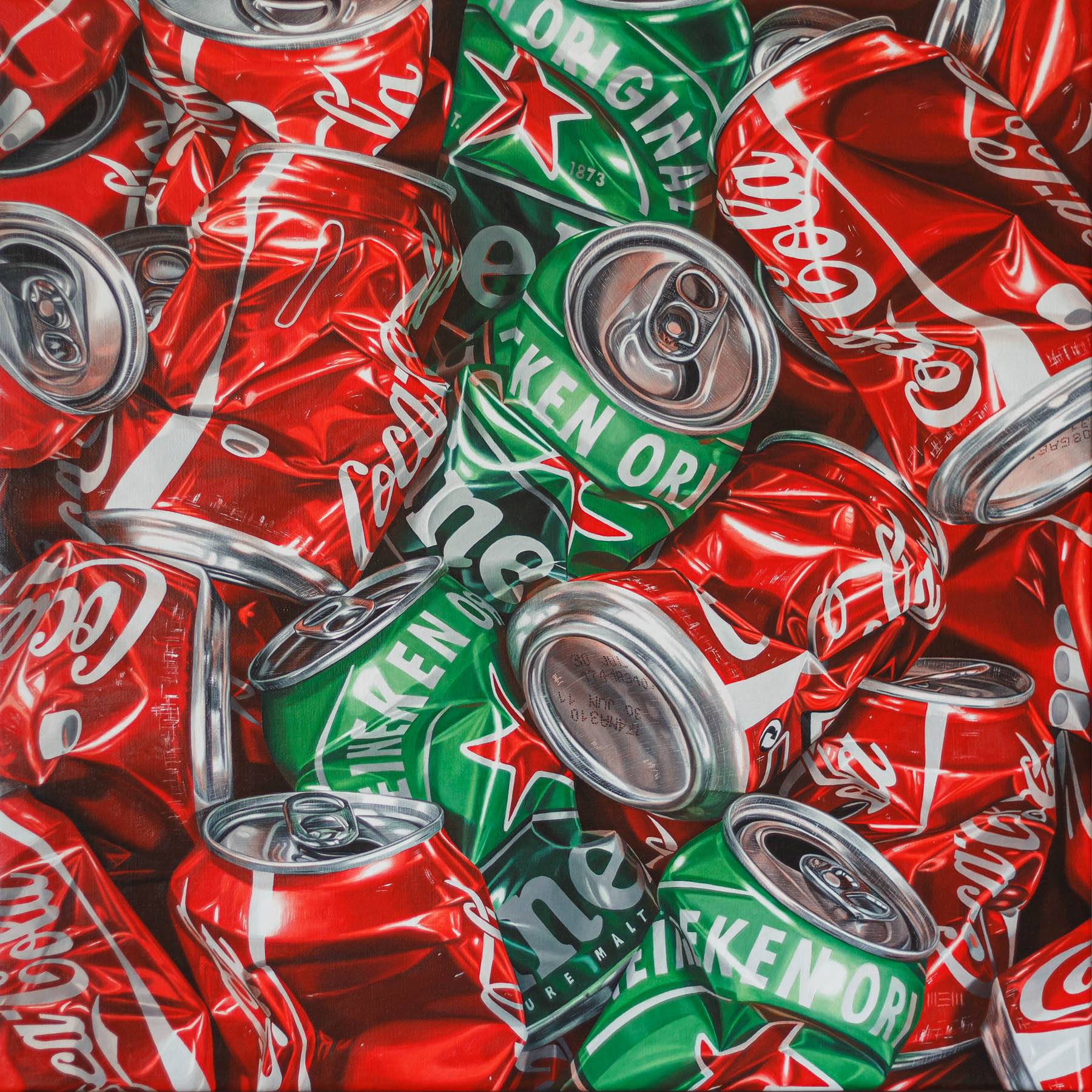 A pile of coca cola cans sitting on top of each other.