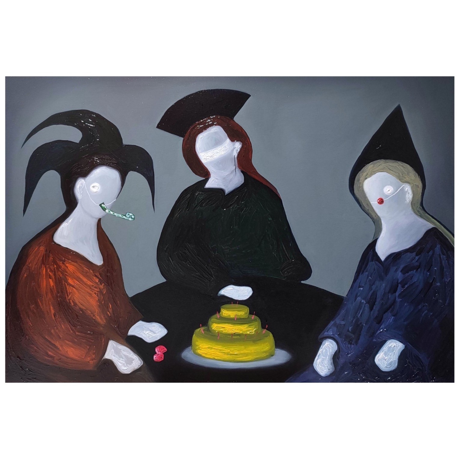 A painting of three women sitting at a table with a cake.